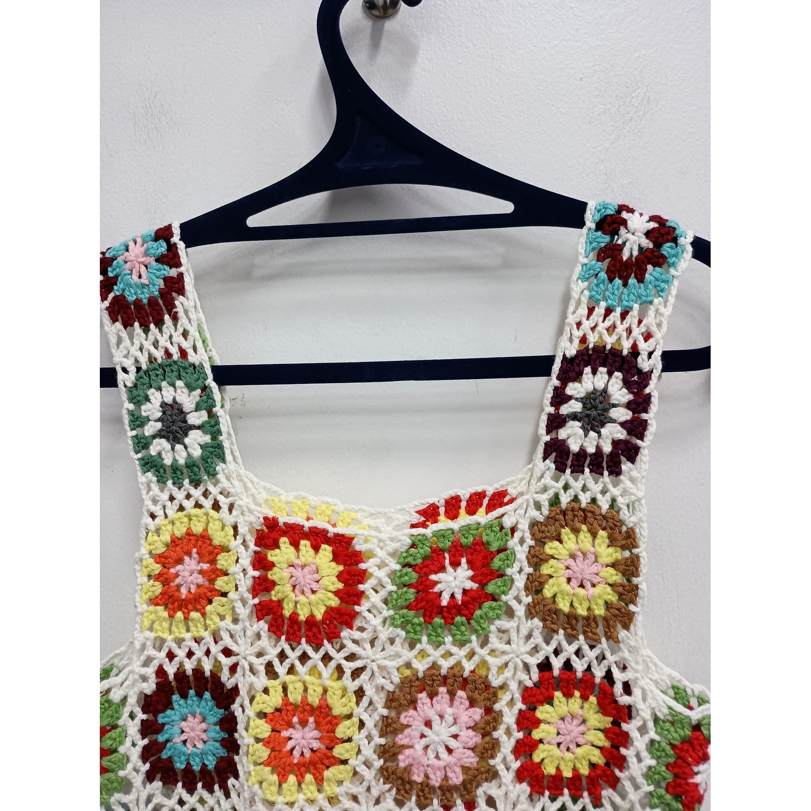 Vintage Crochet Granny Square Crop Top Small Multicolor Y2K Boho Festival