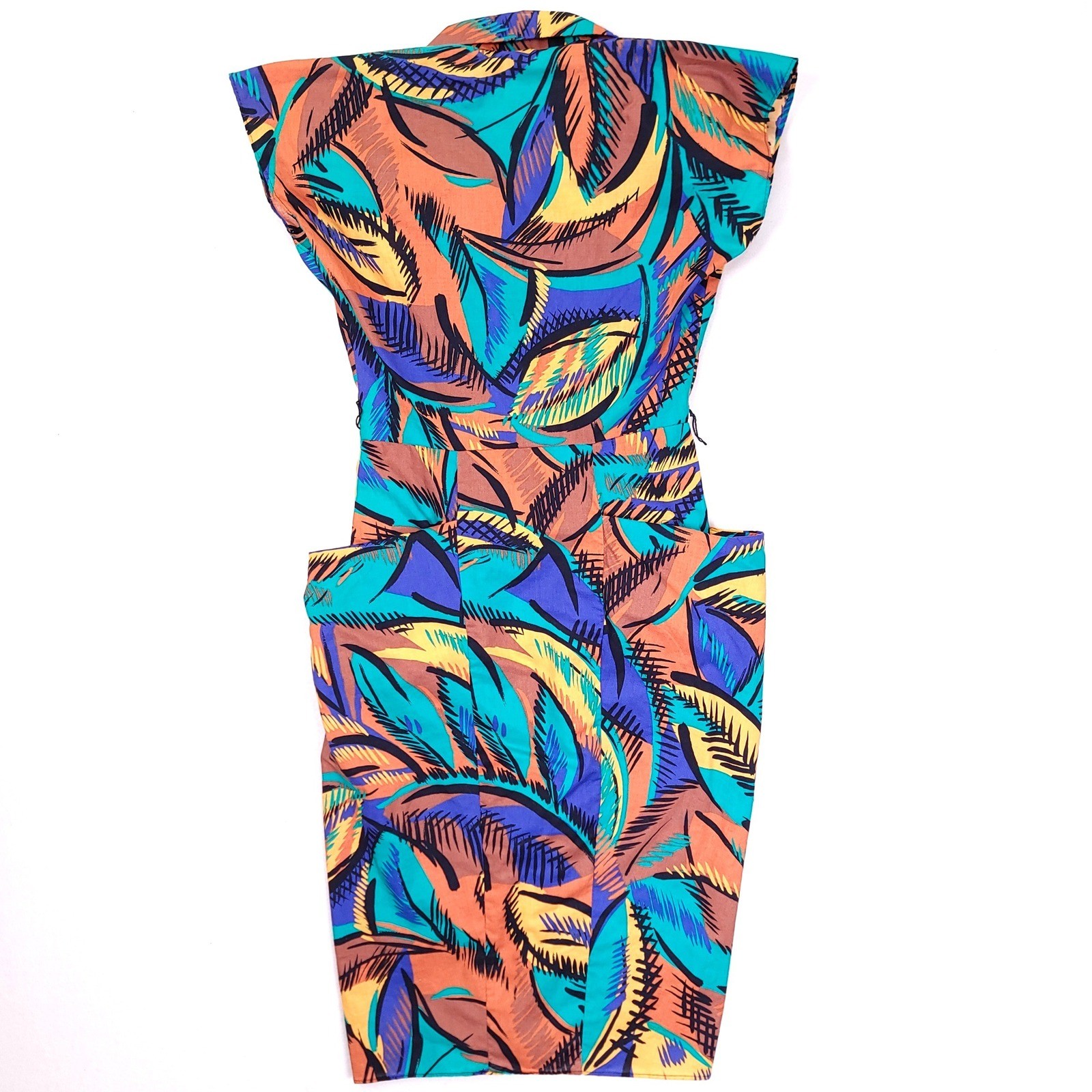Vintage 80s Abstract Tropical Midi Dress Sleeveless Padded Shoulder Multicolor