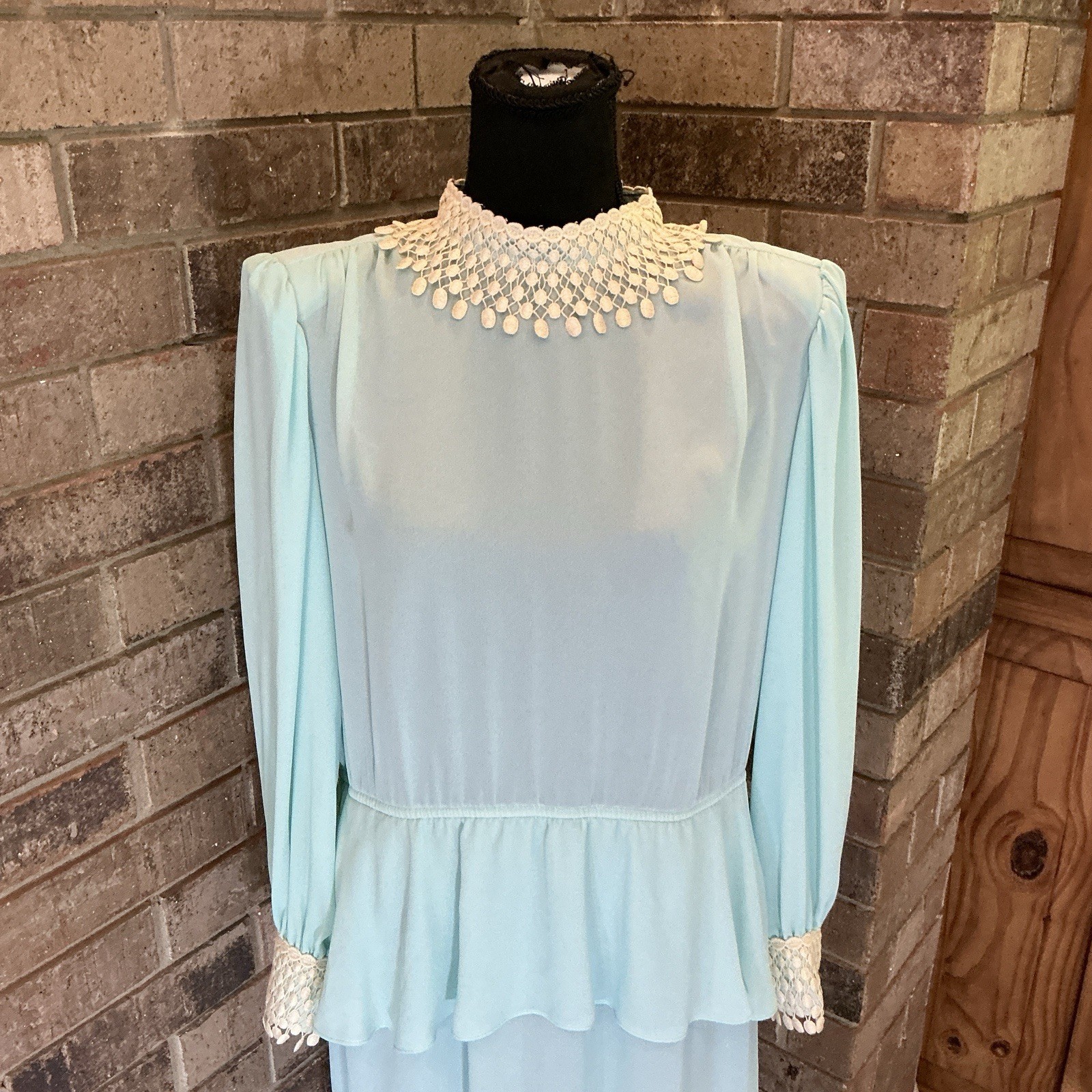 VTG Leslie Fay Petites Sz 14P Dress Mint Green Crochet Fringe Collar Peplum #41F