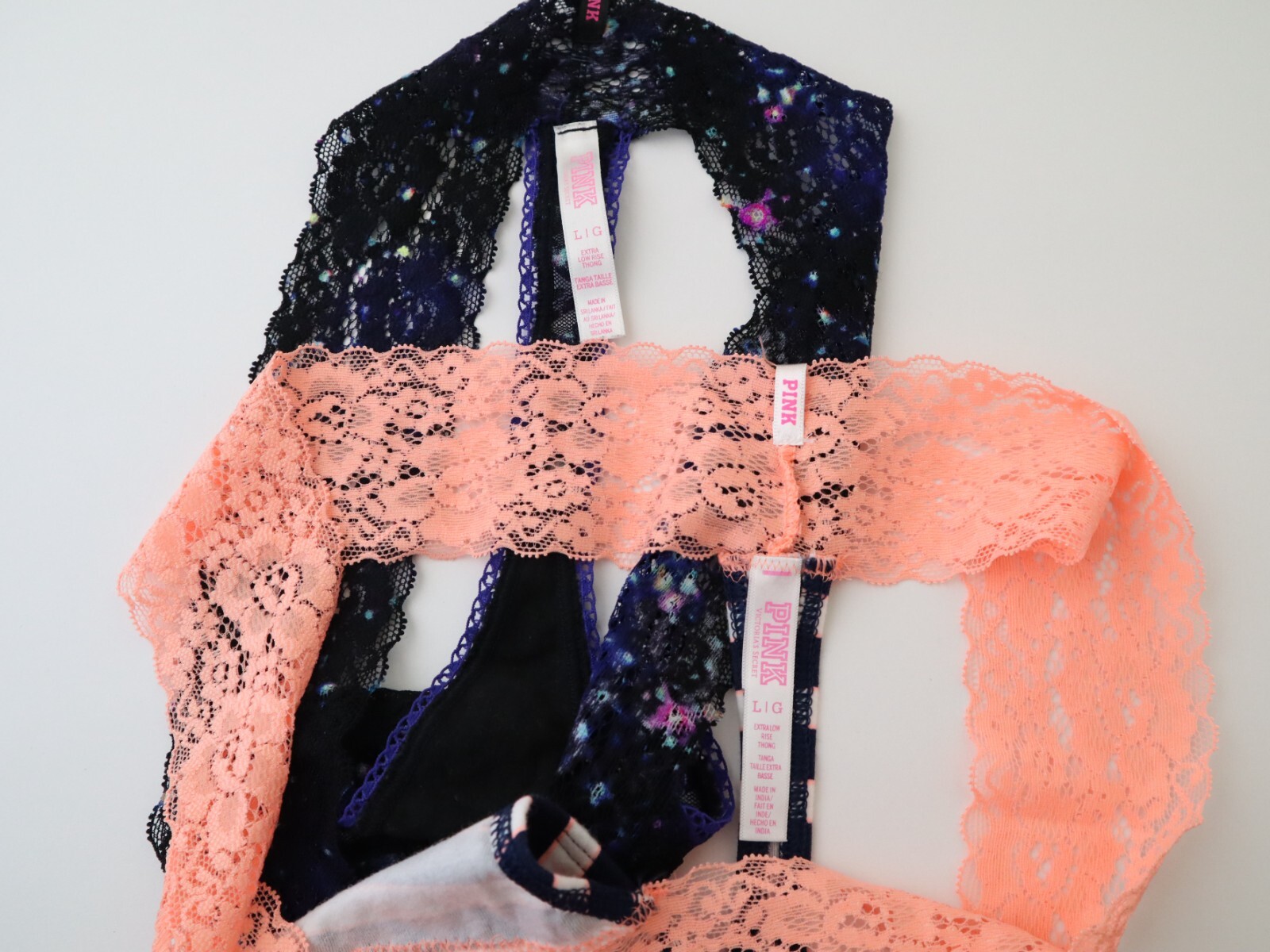 2 Vintage Victoria’s Secret PINK 2013 Lace Thong Panties Lot Size LARGE