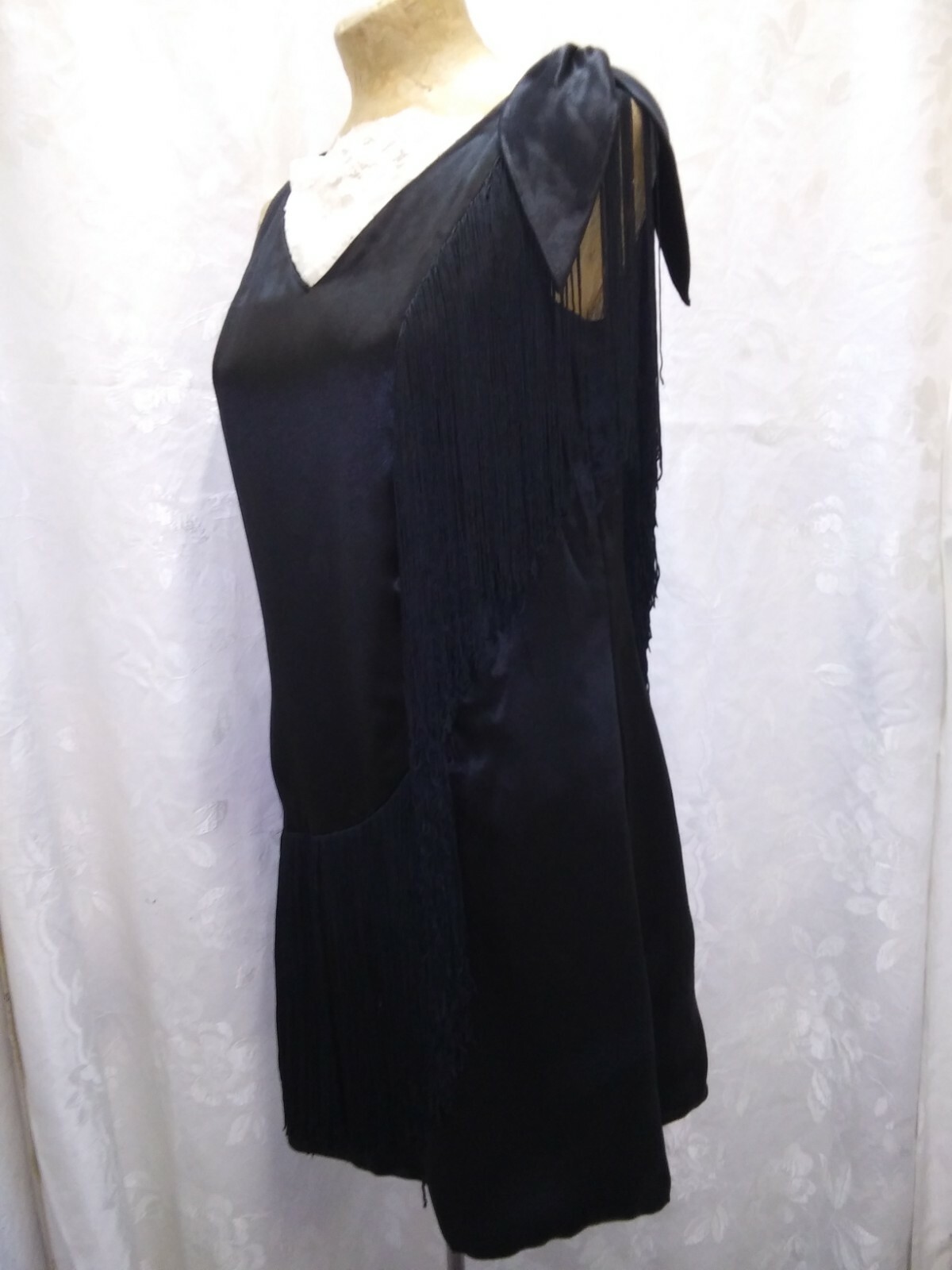 Vintage 1960’s Retro 30’s Black Rayon Satin Fringe Flapper Dress Size S/M