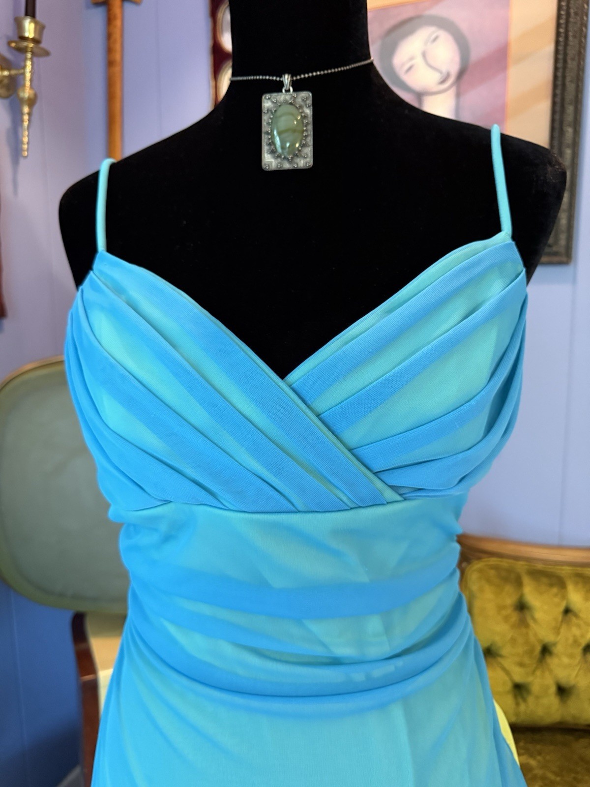 Vtg Y2K City Triangles Turquoise And Green Asymmetrical Spaghetti Strap Dress L