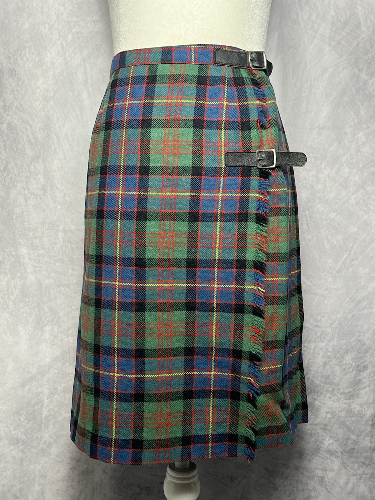 Vintage 1960s W. Bill Ltd Plaid Wool Tartan Wrap Skirt Pleated Buckle Straps UK