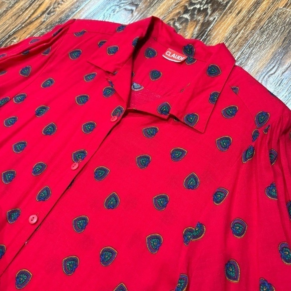 Vintage Claude Red Heart Paisley Button Up Blouse Long Sleeve Retro Top S / M