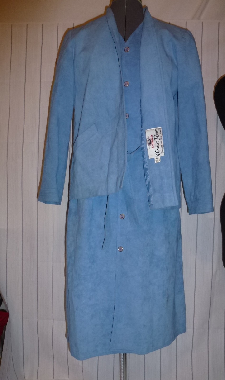 Vtg 60’s Count Romi Ultra Suede sz 8 blue 2 pc dress suit sheath jacket (E62)