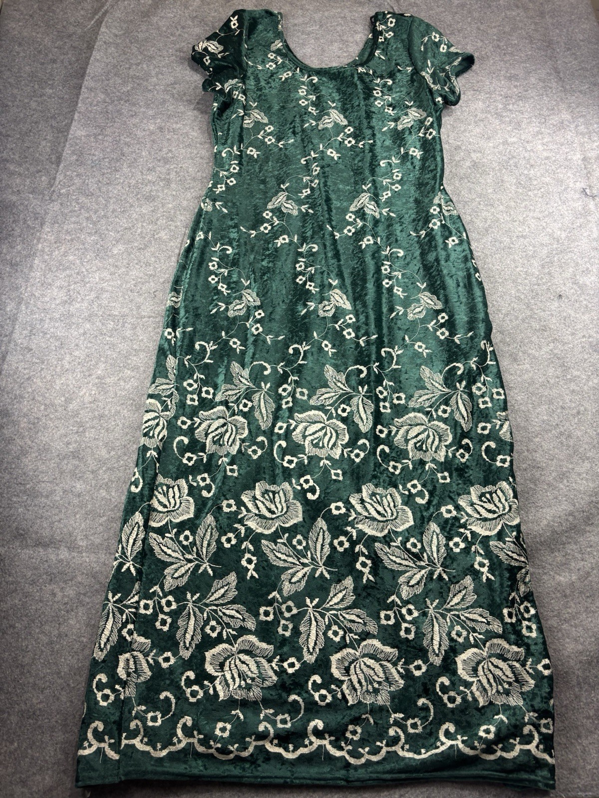 VTG C.W. Rose Dress Women 12 Painted Floral Velvet Maxi Dress Green Fairy Whimsy