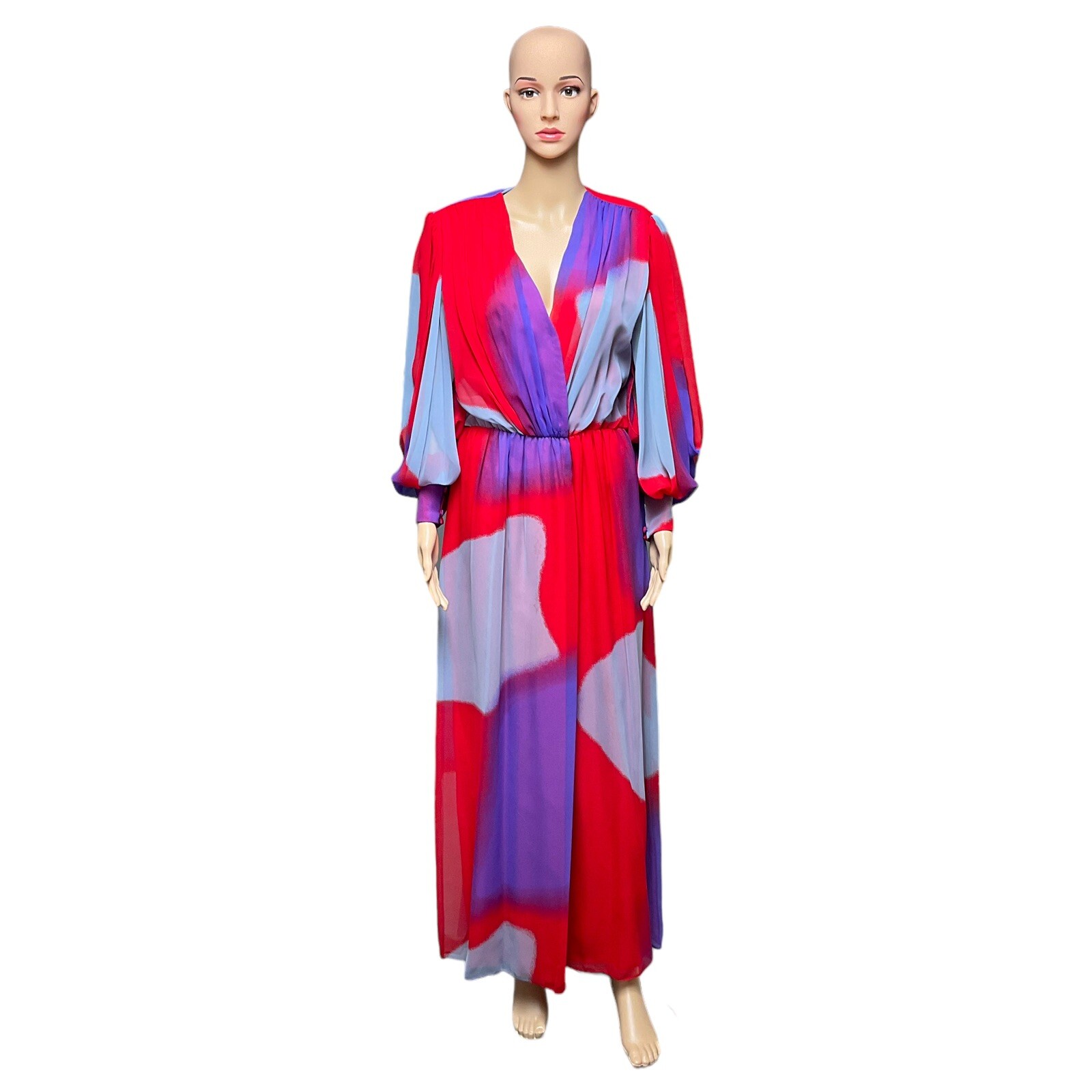 1970s Hanae Mori Chiffon Dress Belt Bright Colorful Abstract Print Maxi