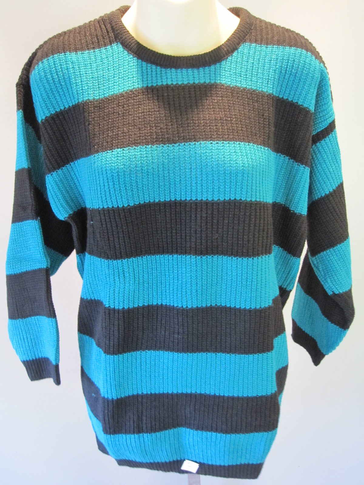 NOS RETRO 80S SWEATER TUNiC TOP 2 TONE EMERALD GREEN BLACK STRiPED VEGAN DiSCO M