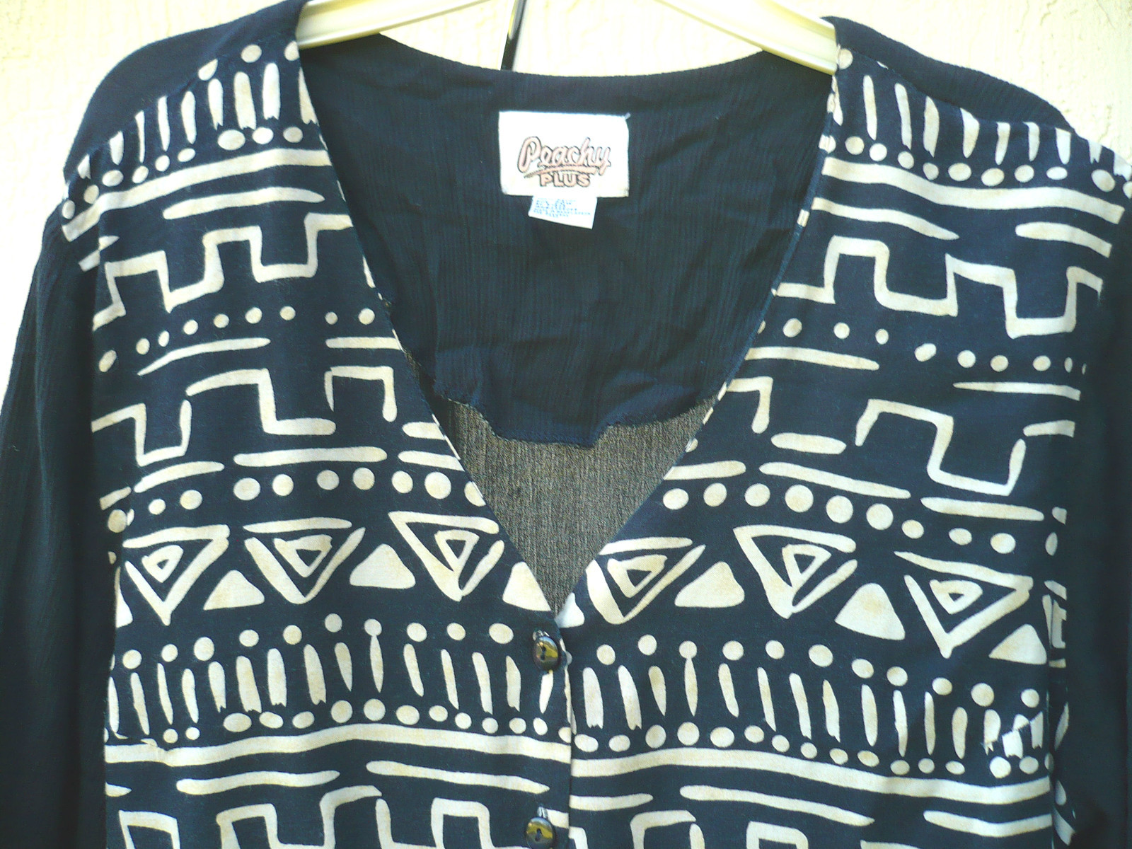 VTG 90S GAUZY RAYON SZ L XL 1X BLACK OFF WHITE ETHNIC GEOMETRIC VEST DRESS WOMEN