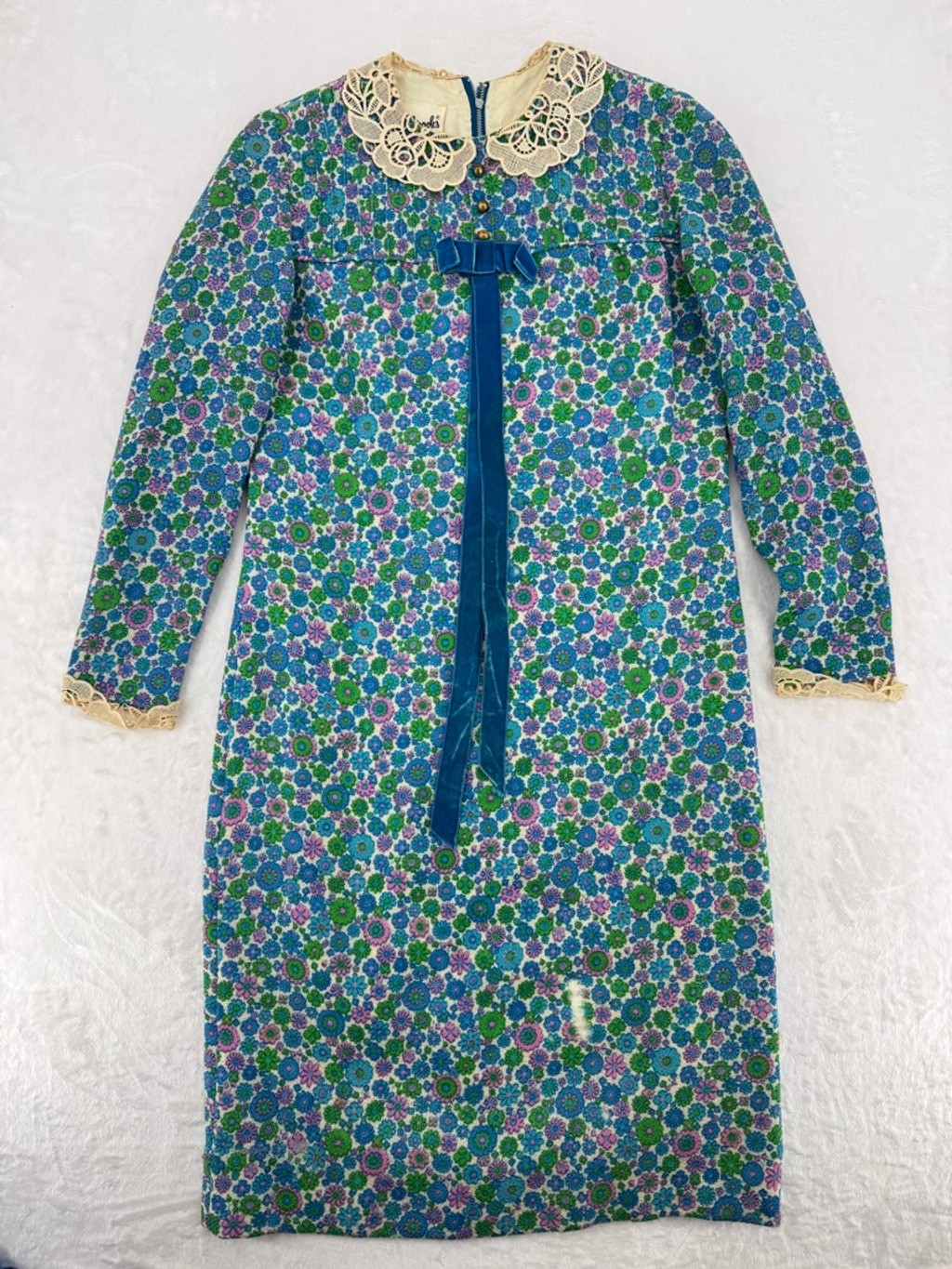 Vintage 1960s Bobbie Brooks Dress Floral Lace Trim Peter Pan Collar Bow READ