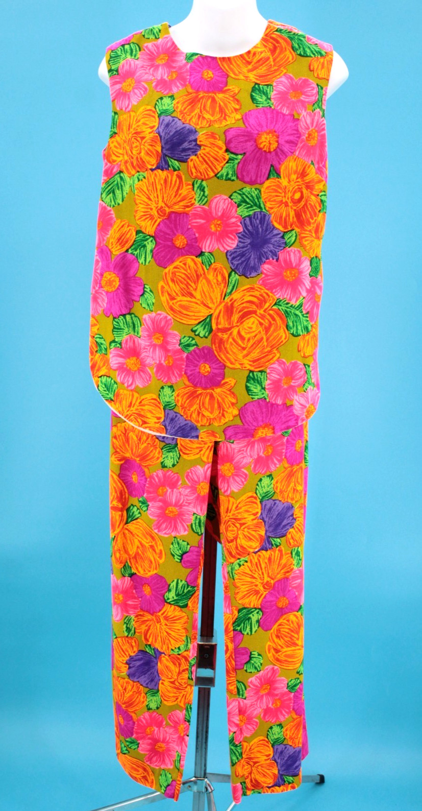 VTG Women’s 60s Orange Psychedelic Floral Top & Pants Set S/M 1960s Hawaiian
