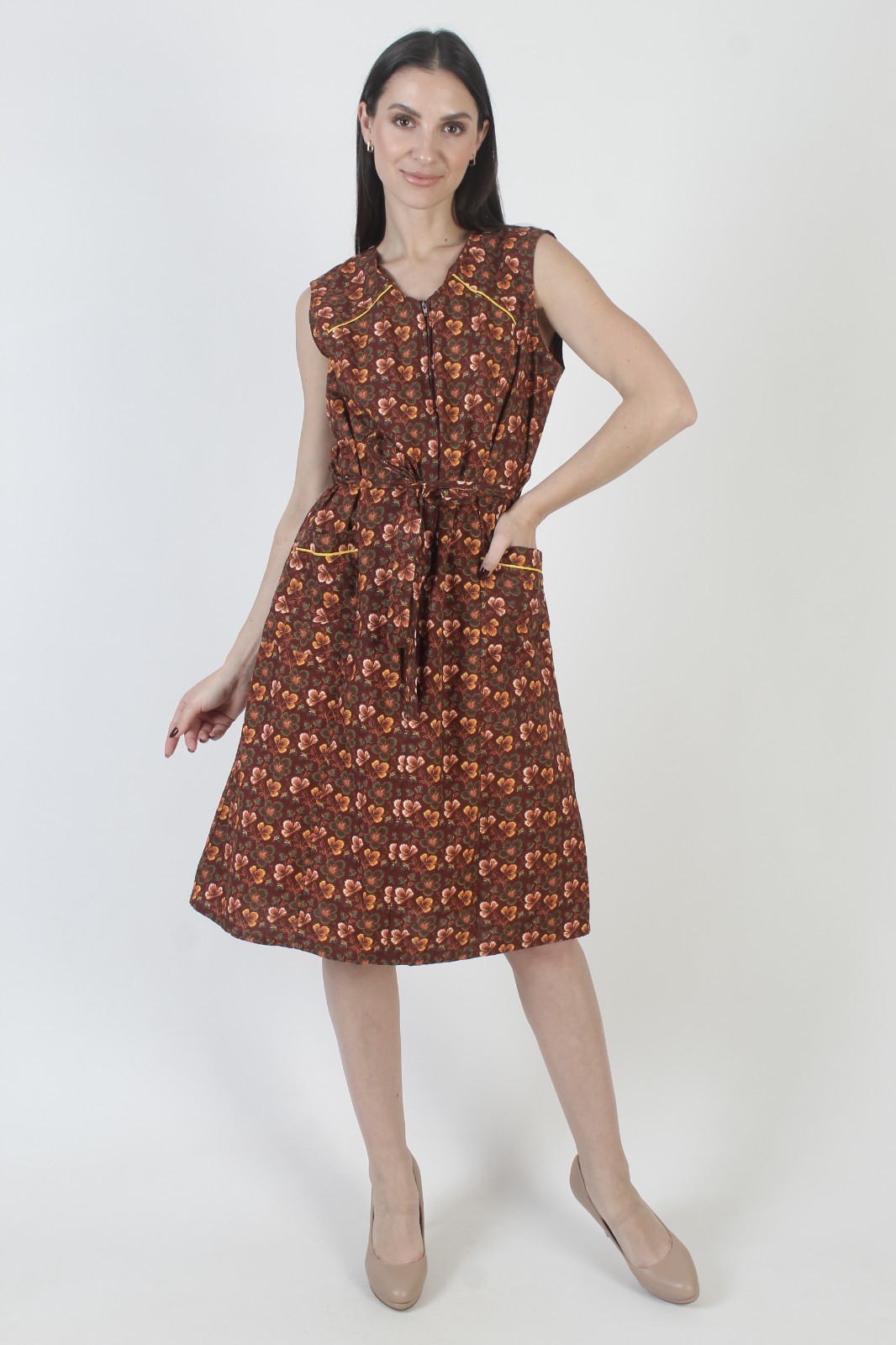 Vtg 70s Brown Calico Sundress Belted Autumnal Prairie Front Zip Pockets Dress