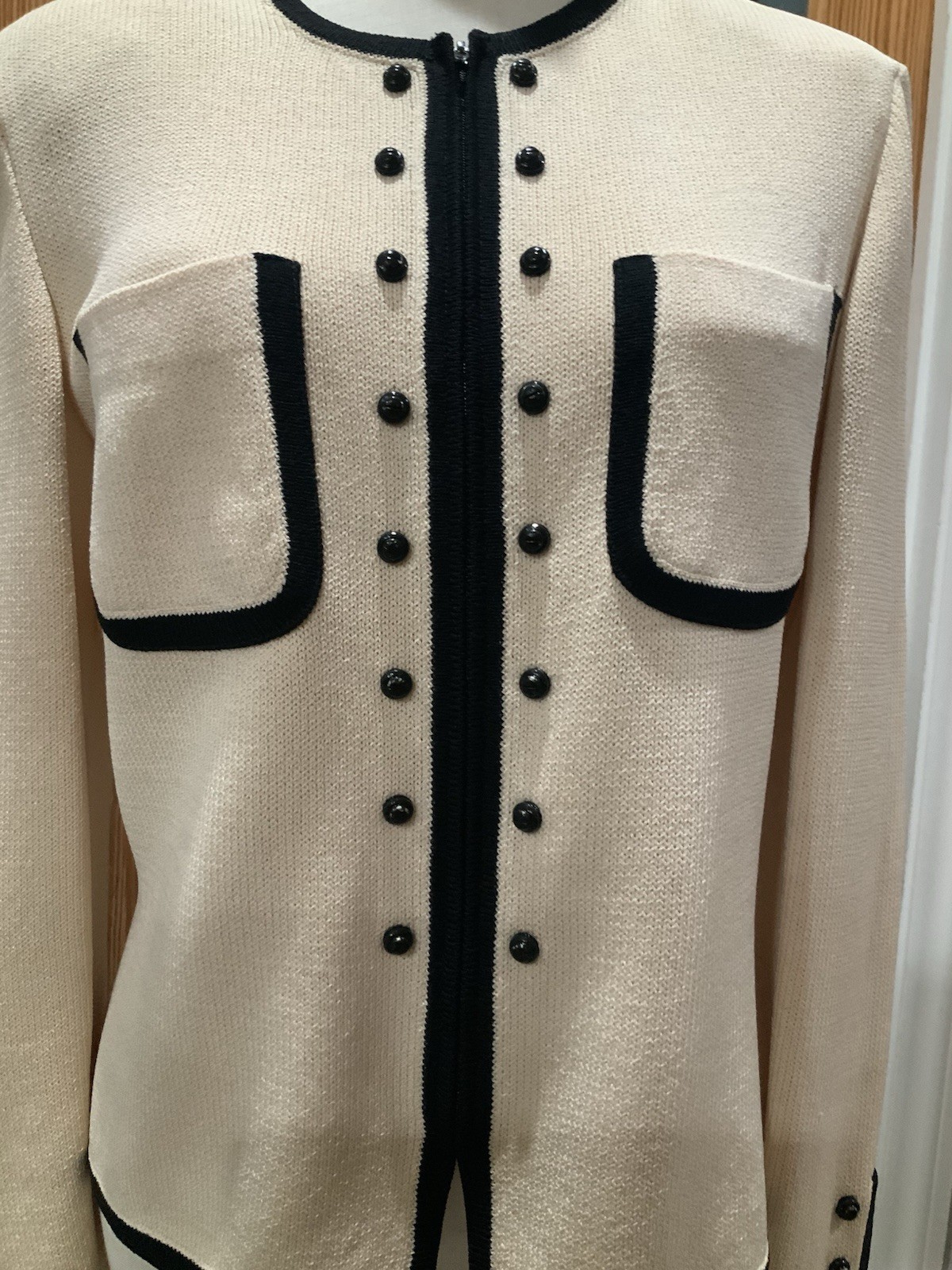 St John Vintage Zip Cardigan Sweater Cream /Black Decorative Buttons Size 4