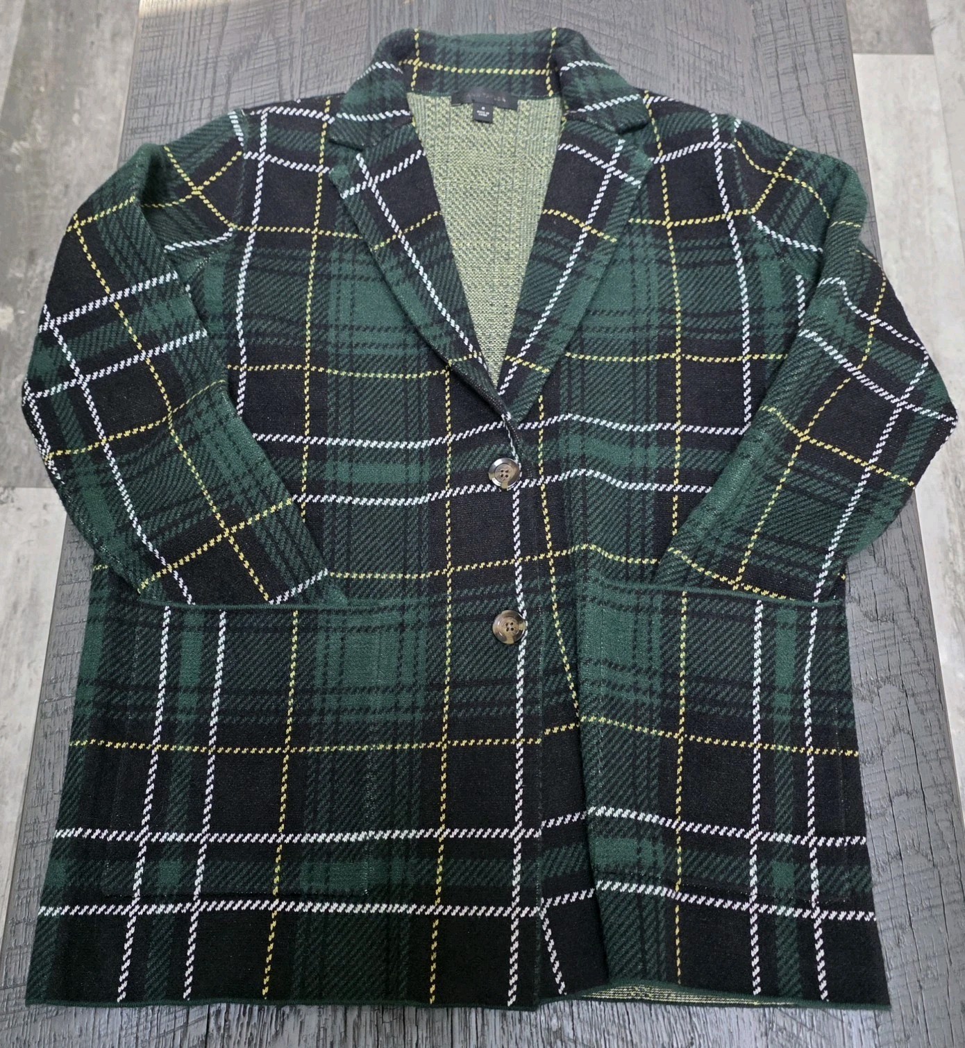 Ann Taylor Green and Black Knitted Blazer Medium Tartan Plaid (Size:Med)
