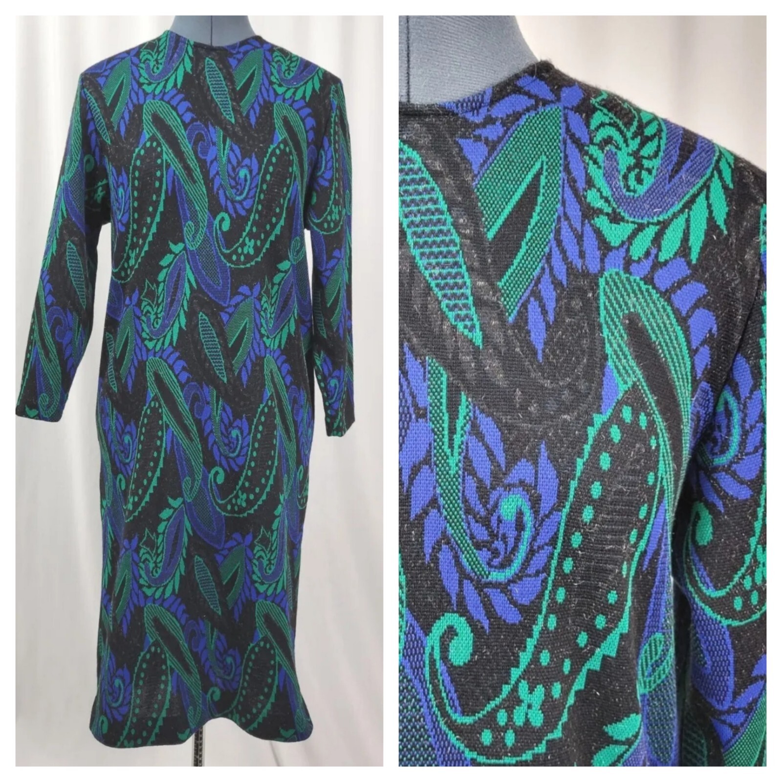 Vintage Newton Centre Black A-Line Sweater Dress w Blue/Green Paisley Size 6