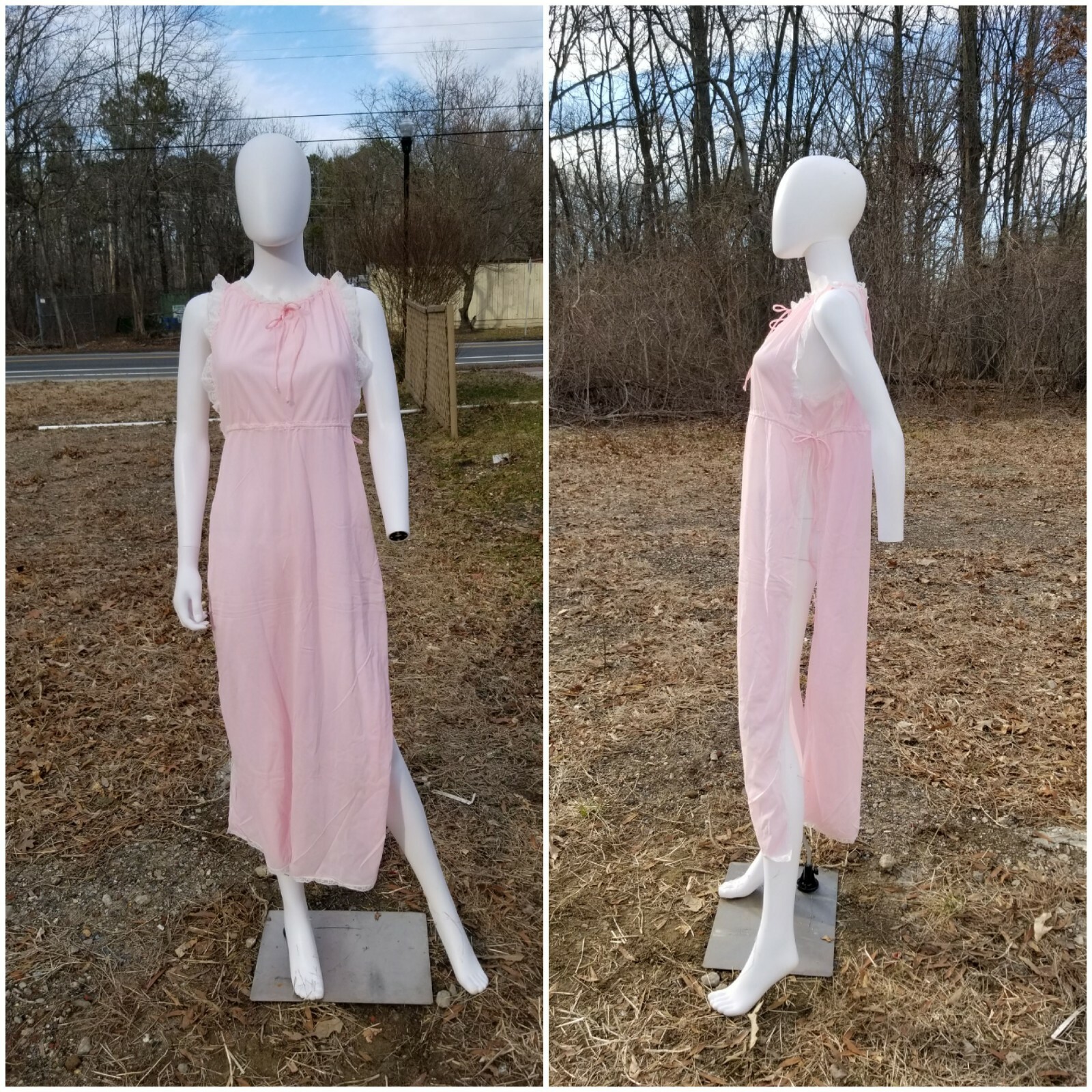 Vtg 60-70s Dutchess Pink Nylon Long Lingerie Gown Side Slits+ sheer undies set