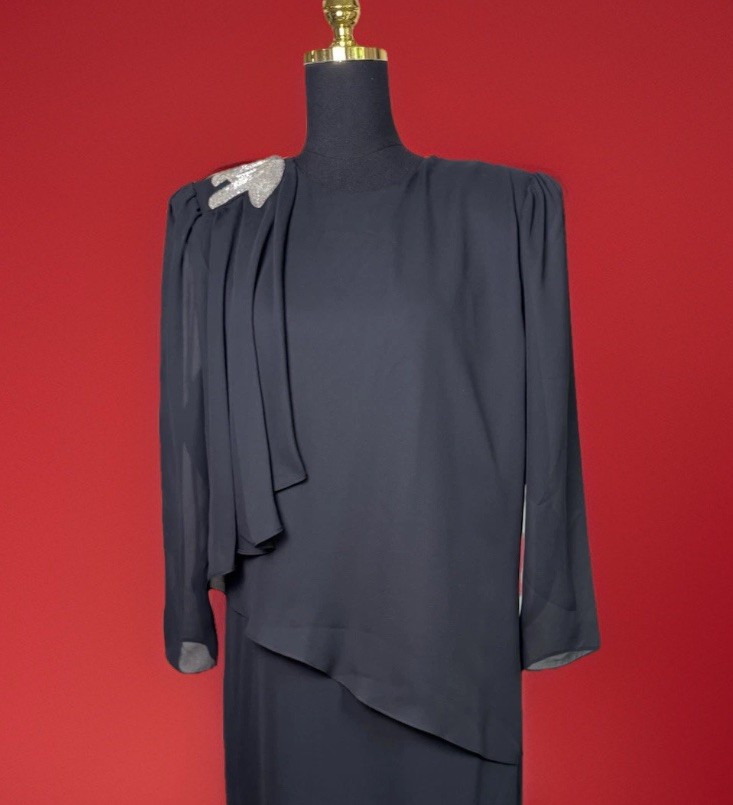 Vintage 1980s Beaded Shoulder Power Dress | Black Draped | Cocktail Office Siren