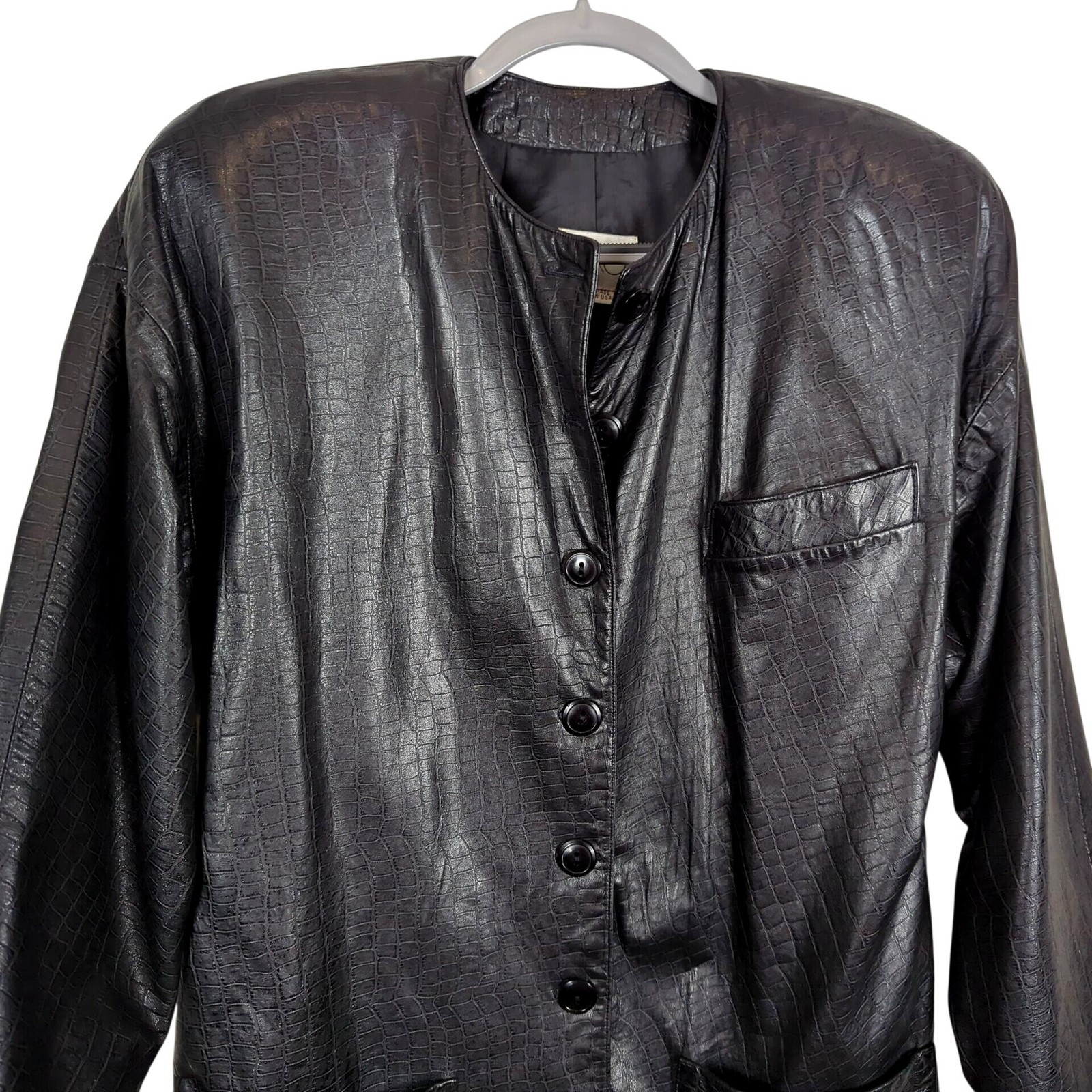 Vintage Vakko Leather Black Jacket Size M Croc Embossed USA Made Button Front