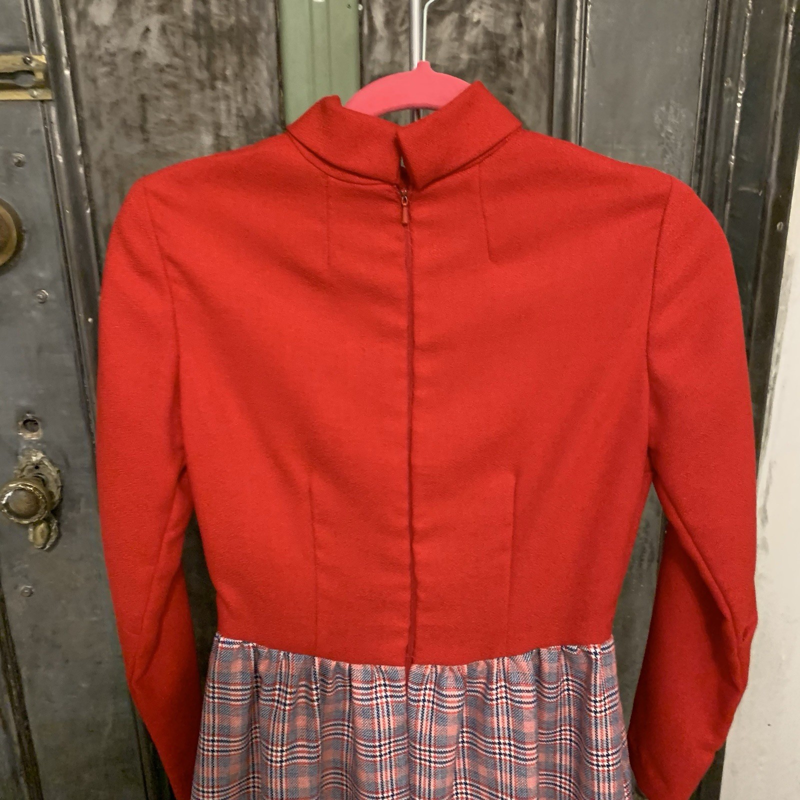 S Vintage 60s 70s long sleeve hostess dress mid century mod red white blue plaid
