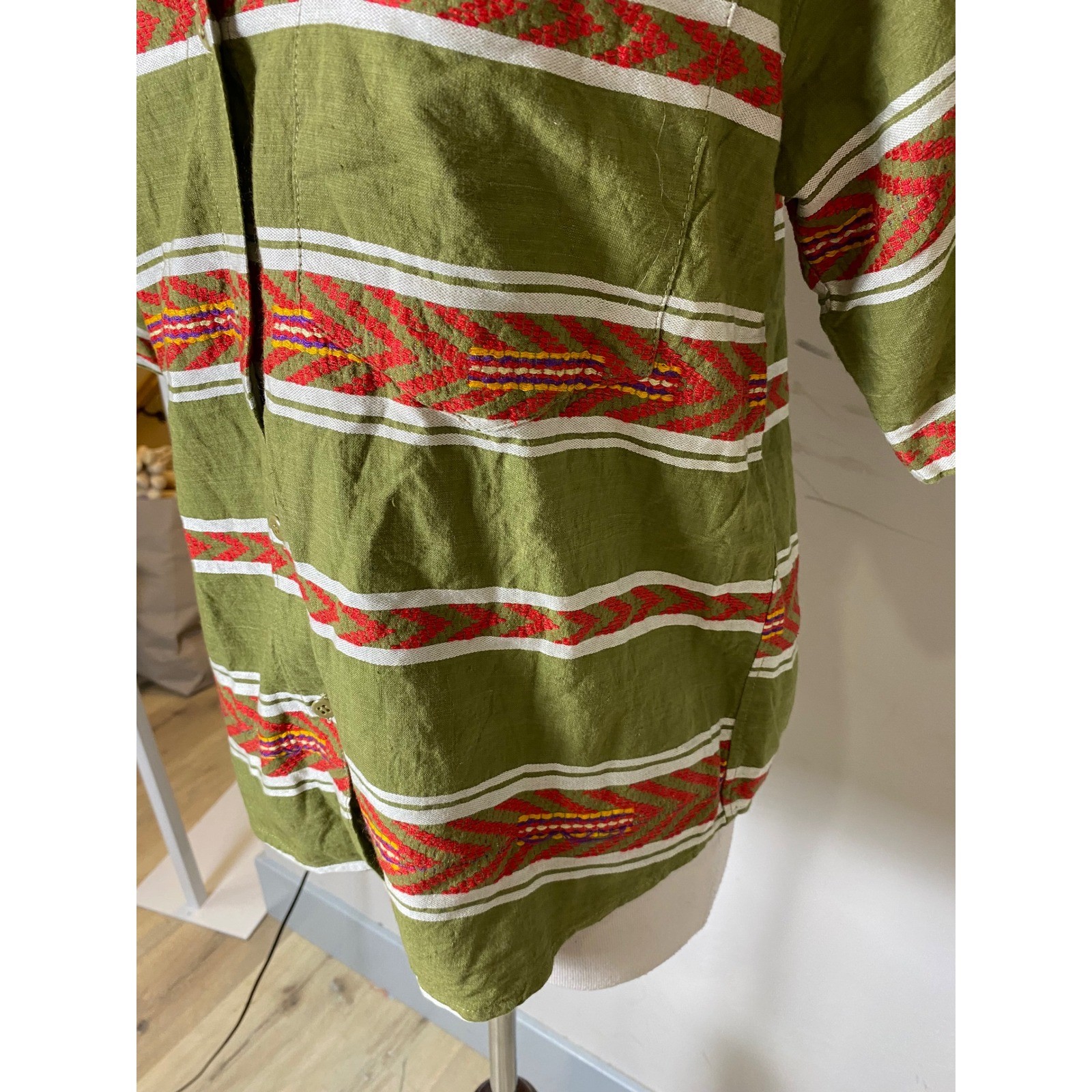 Vintage 1989 Angelique Olive Green Southwestern Woven Cotton Shirt Womens Medium