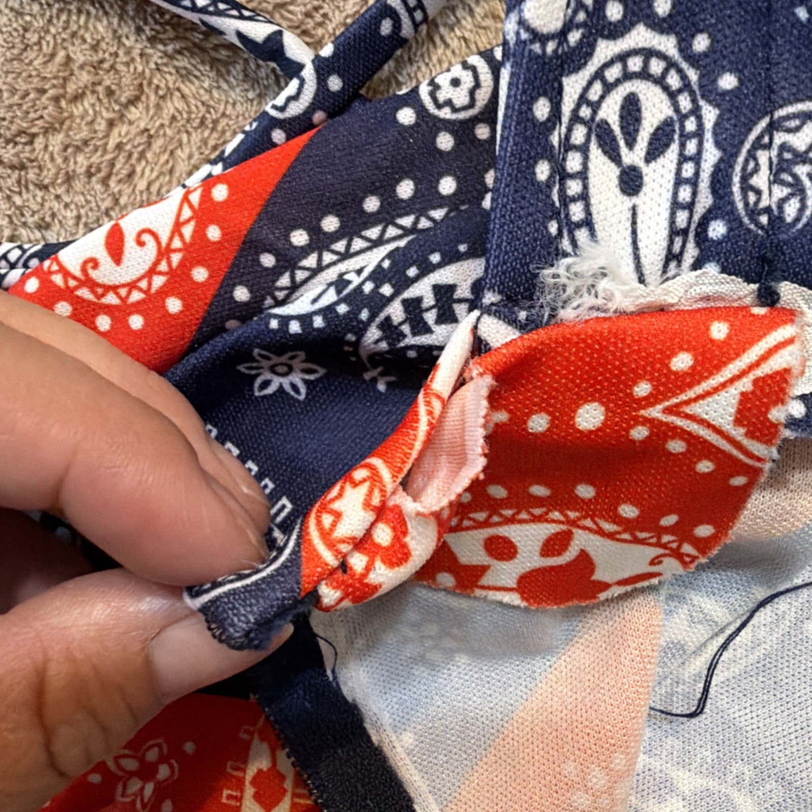 Gay Gibson Vintage Red & Blue Bandana Patchwork Print Maxi Dress Union made USA