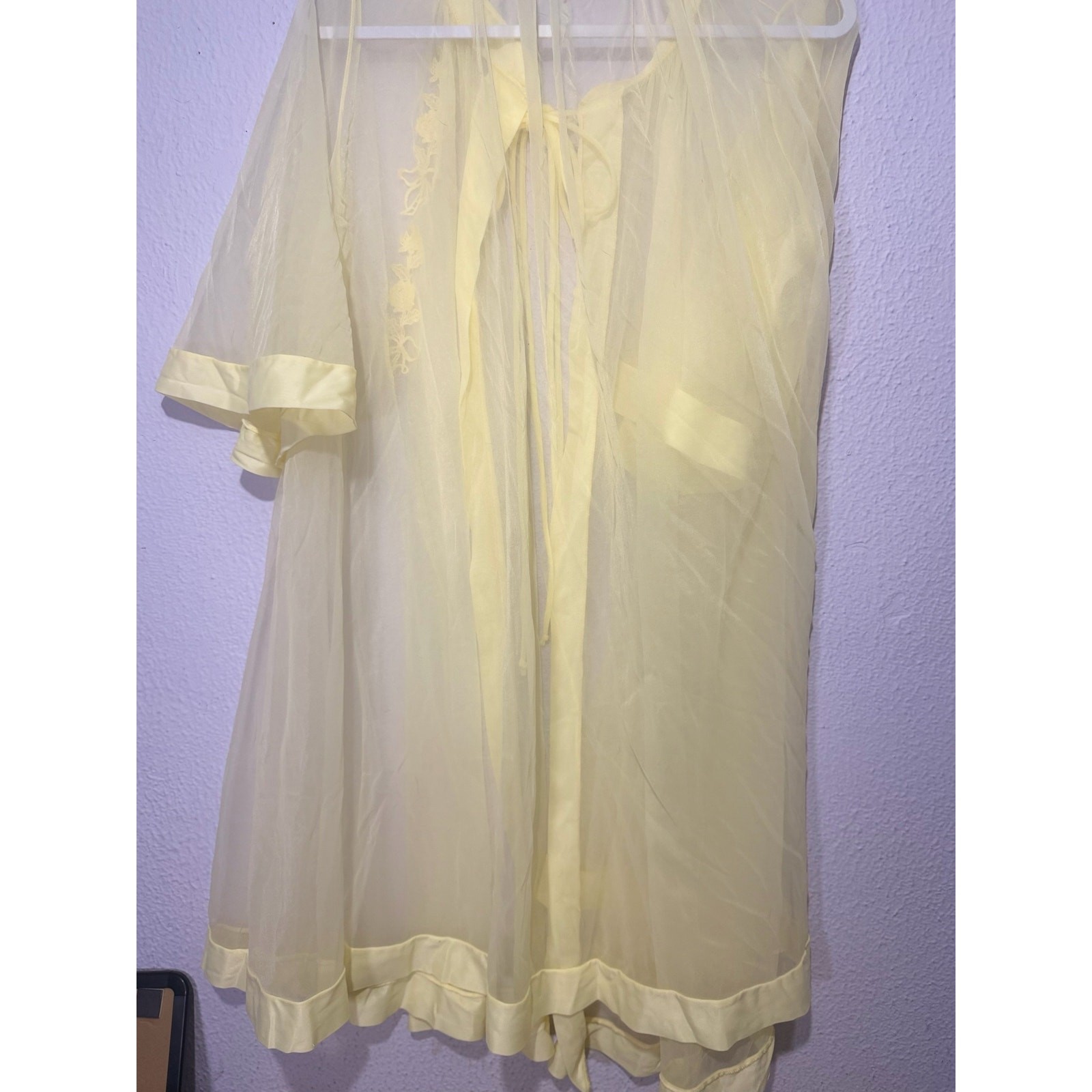 Vintage Gaymode Sheer Chiffon Robe Yellow 60s Floral Embroidered Coquette Bridal