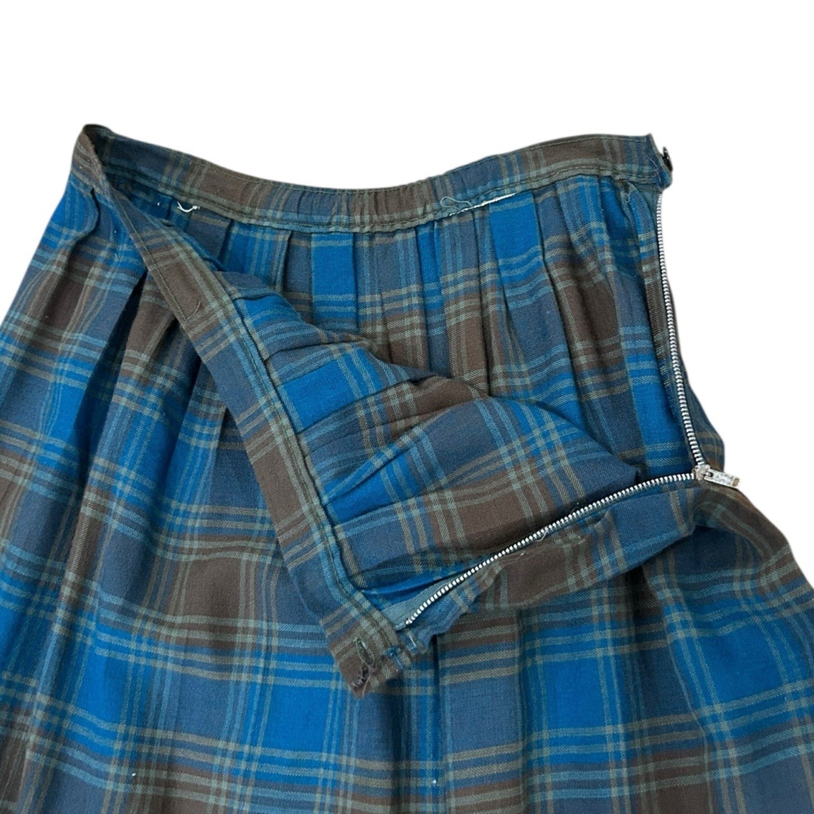 Vintage 50s Blue Brown Plaid Pleated A-Line Skirt Side Zip Mid Century XS