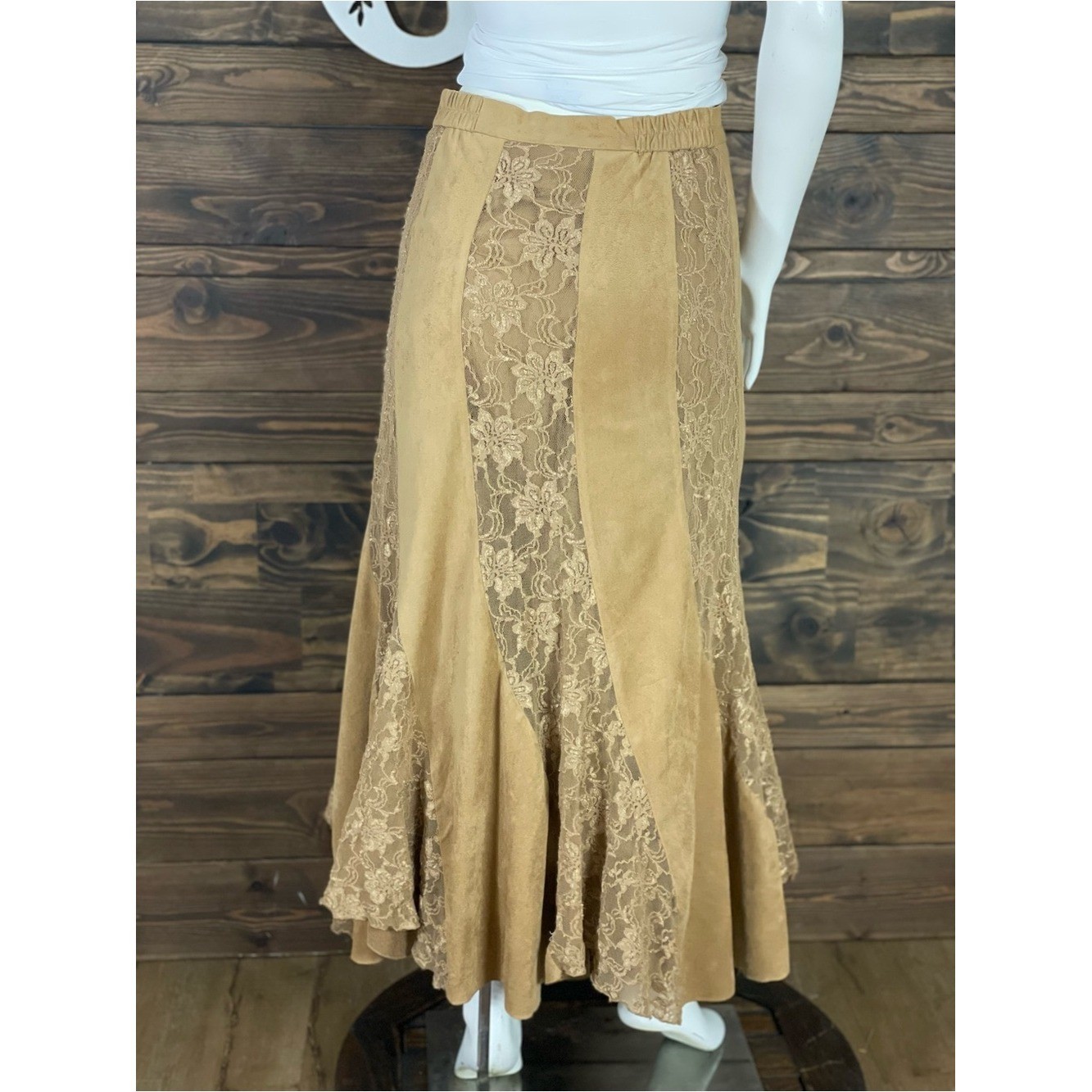 Ribcoff Trends Vintage Lace Panel Midi Skirt Suede Tan Color Flowy Fir and Flare