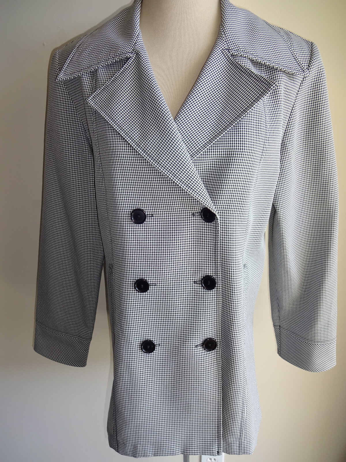 Womens Vintage Wrapper Houndstooth Double Breasted Jacket M Black White USA