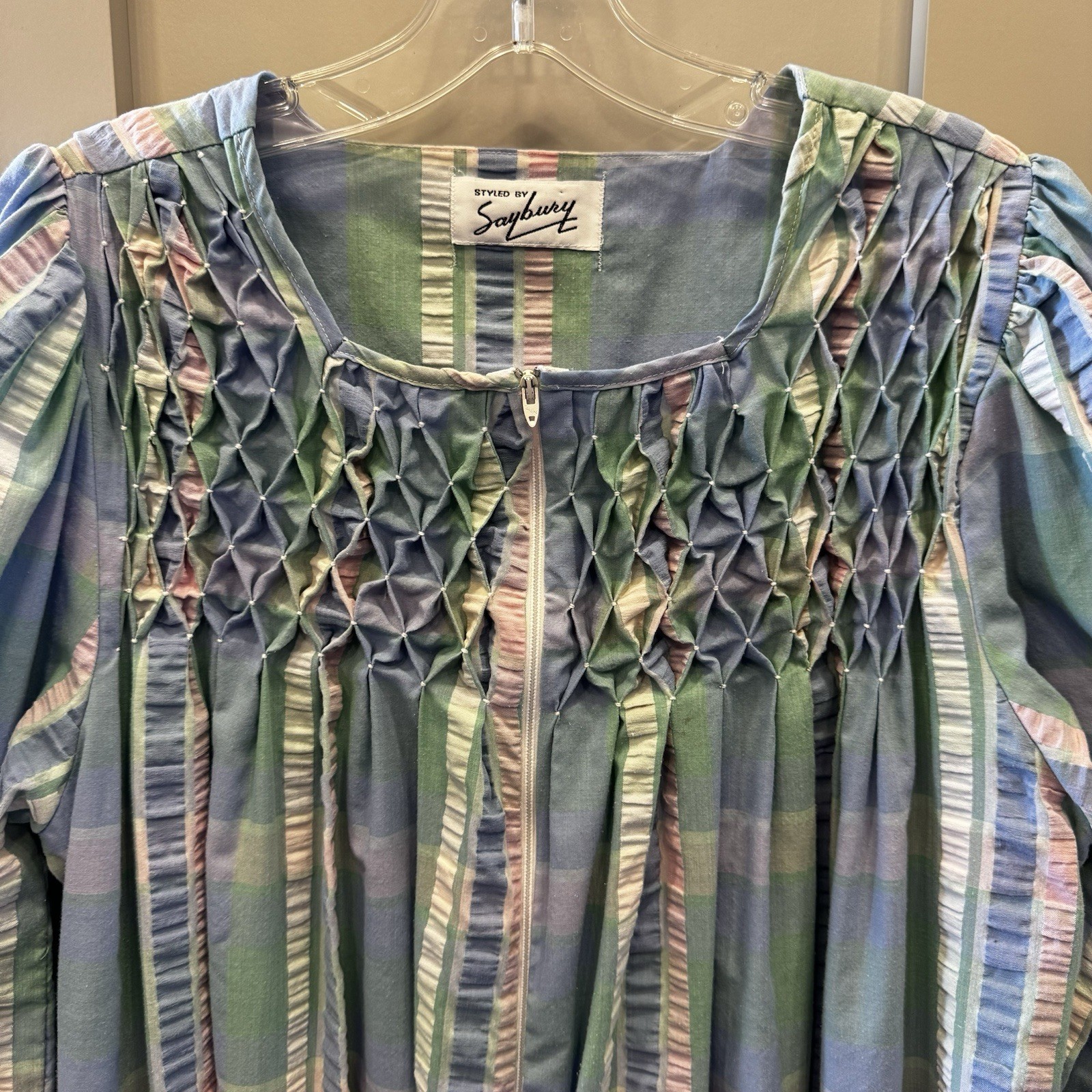 Saybury Vintage Plaid Nightgown Cotton Size Large Blue Green Yellow