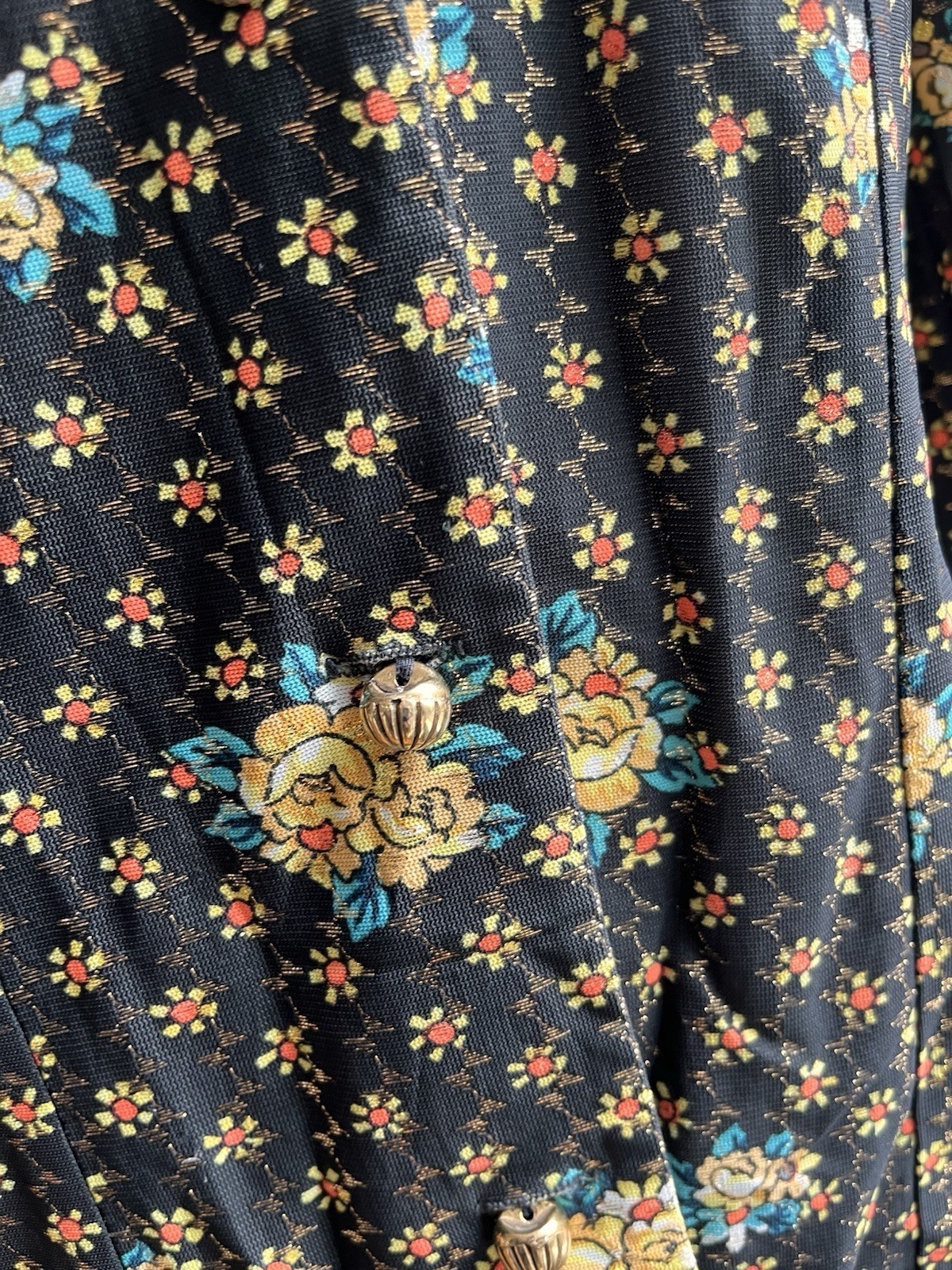 Vintage 70s Psychedelic Metallic Lurex Disco Blouse Mod Gold Floral Shirt Small