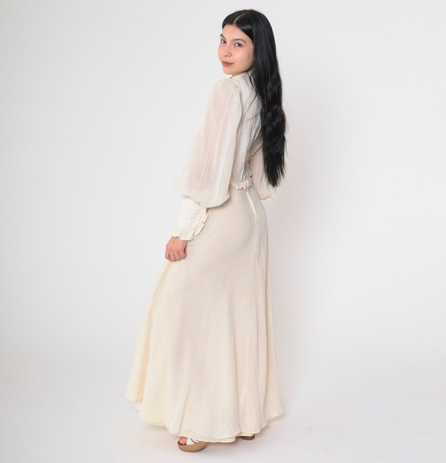70s Prairie Dress Cream Victorian Maxi Dress Eyelet Lace Bib Puff Sleeve Cottage