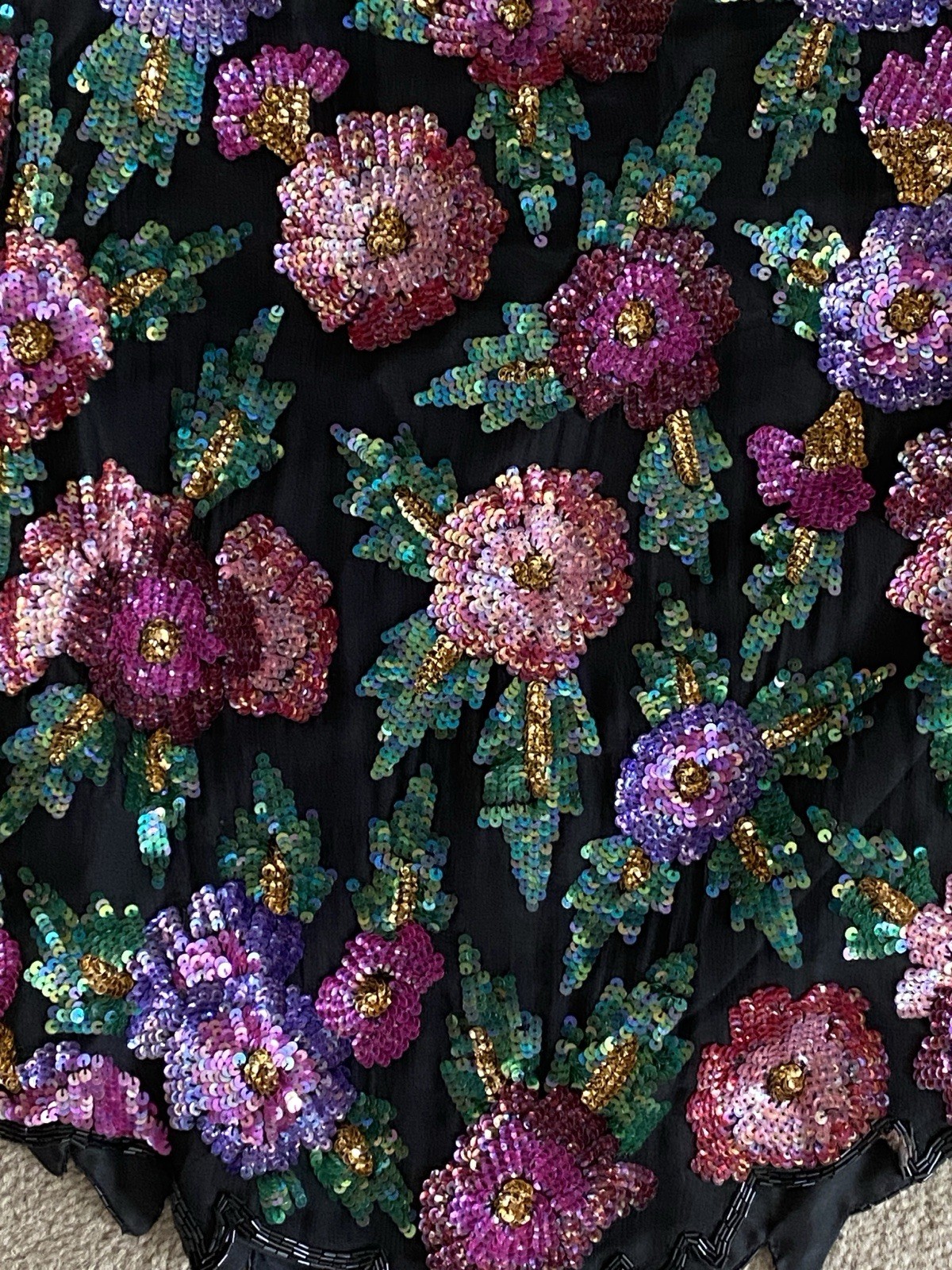 Vintage Laurence Kazar Sequin Silk Blouse Large Black Pink Purple Green Floral