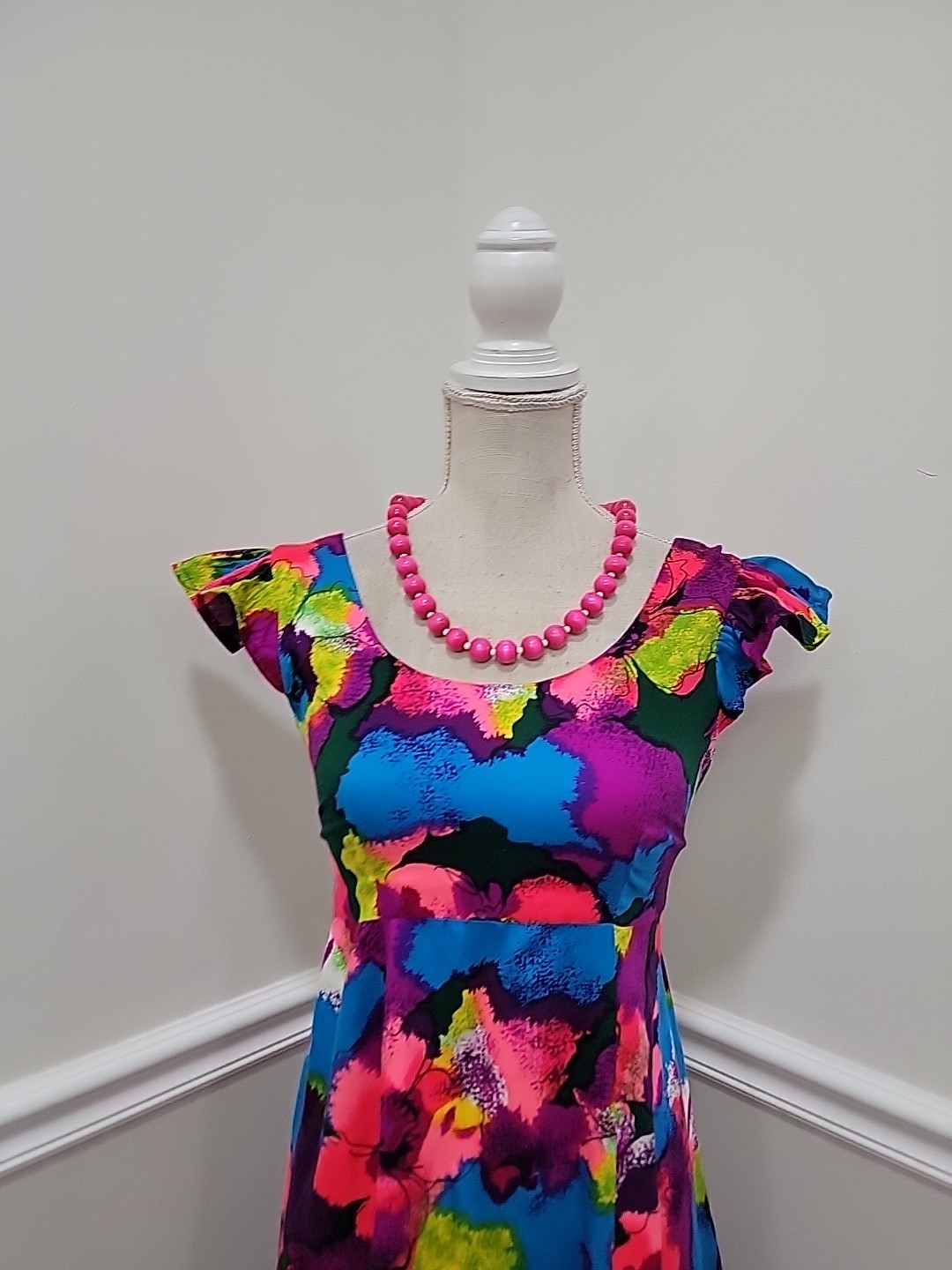Vintage Psychedelic Tropical Hawaiian Ruffled Sleeves Mumu Maxi Dress