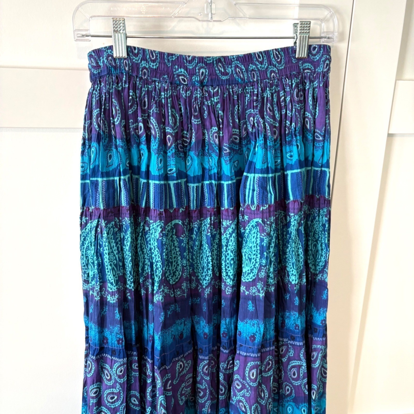 C.M. Shapes Women’s Vintage Blue Purple Full Crinkle Maxi Skirt in Size L