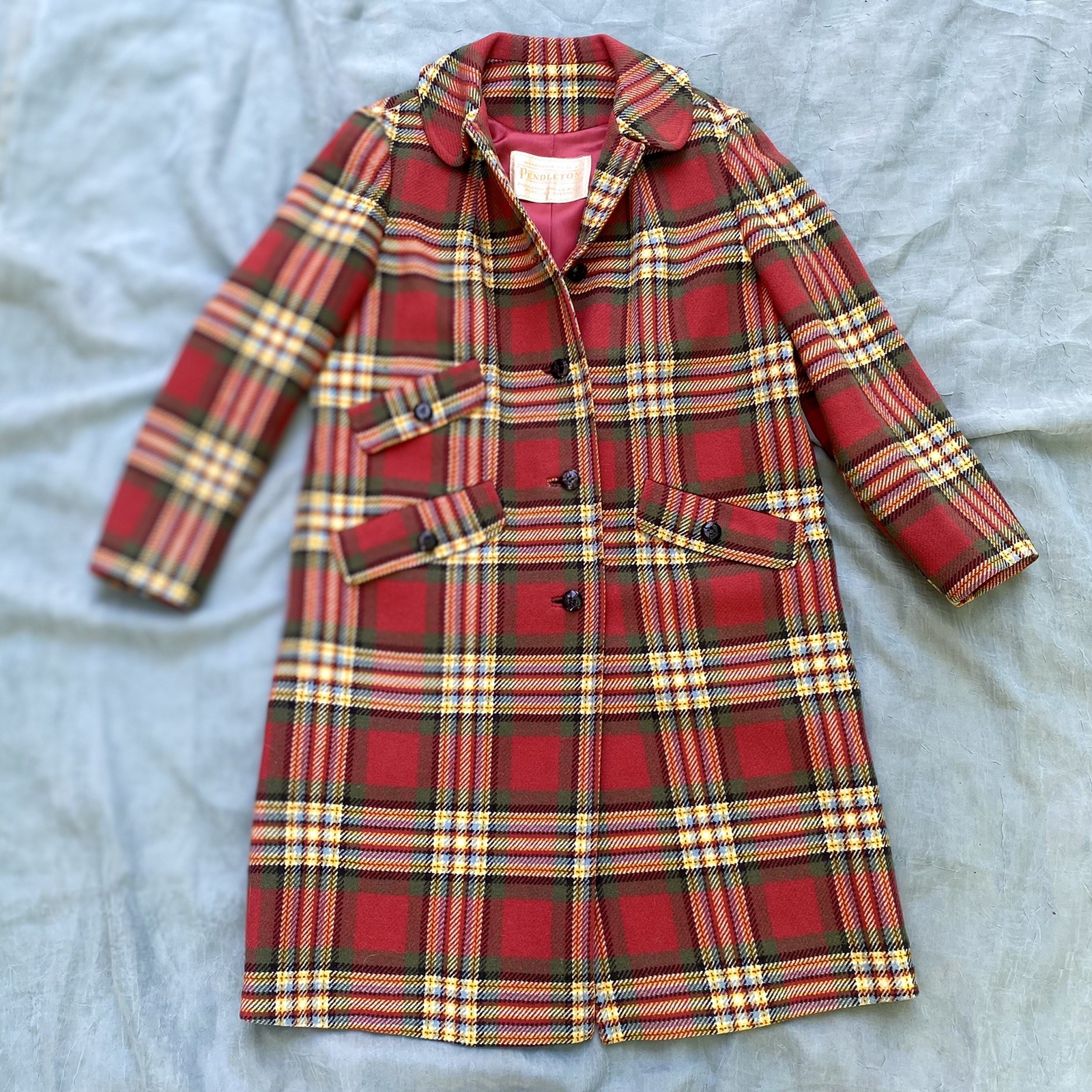 Vintage 1950s Pendleton 100% Virgin Wool Red Plaid Multi Color Town Coat S/M