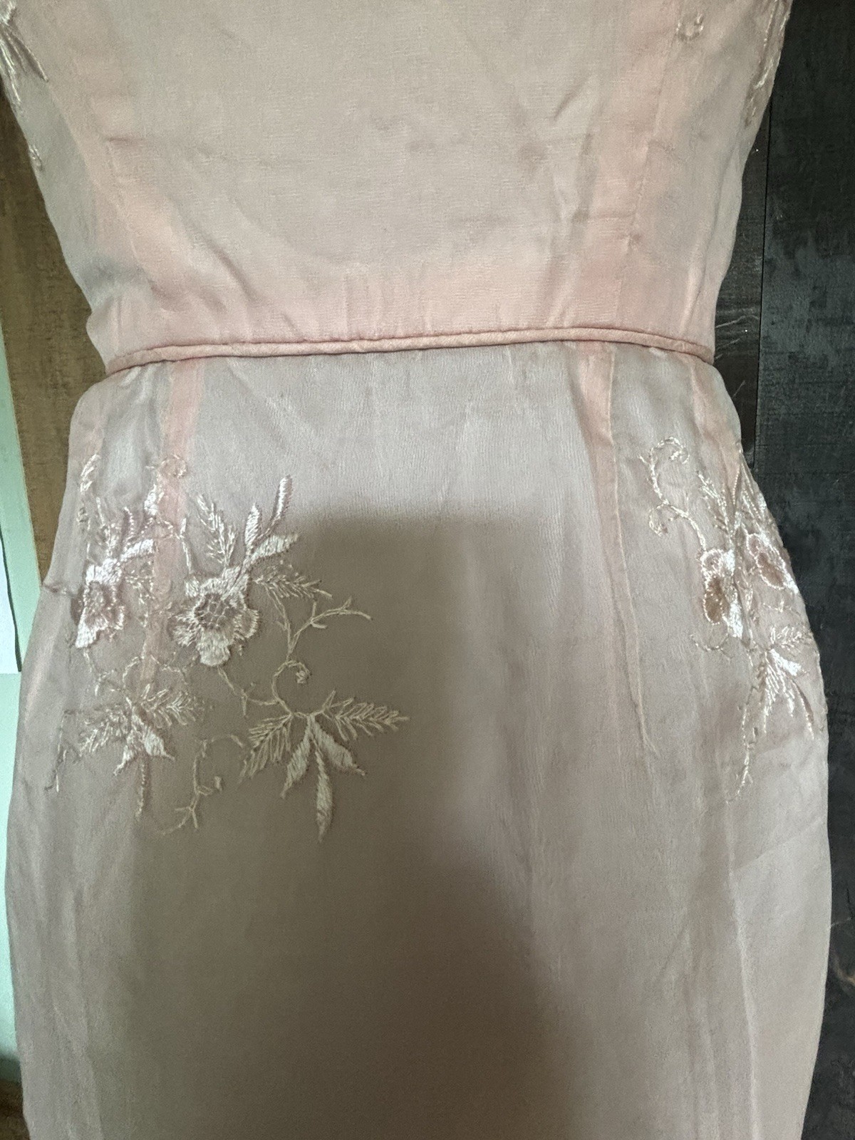 Vintage Pink Embroidered Organza Wiggle Dress Pin-Up Tiki Rockabilly XS Flawed