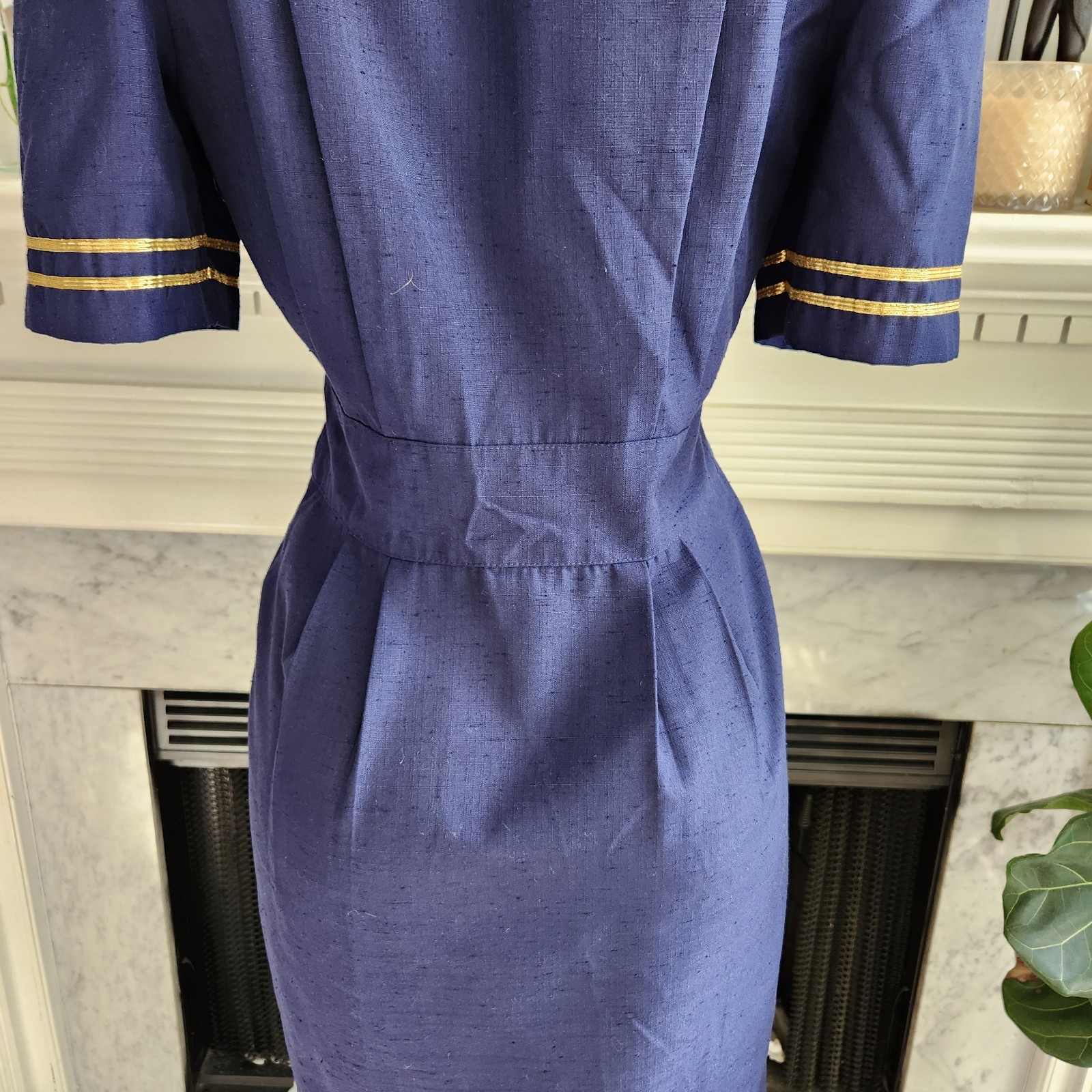 Vintage 80s Blue Midi Pencil Dress Military Nautical Office Pleated Size 6