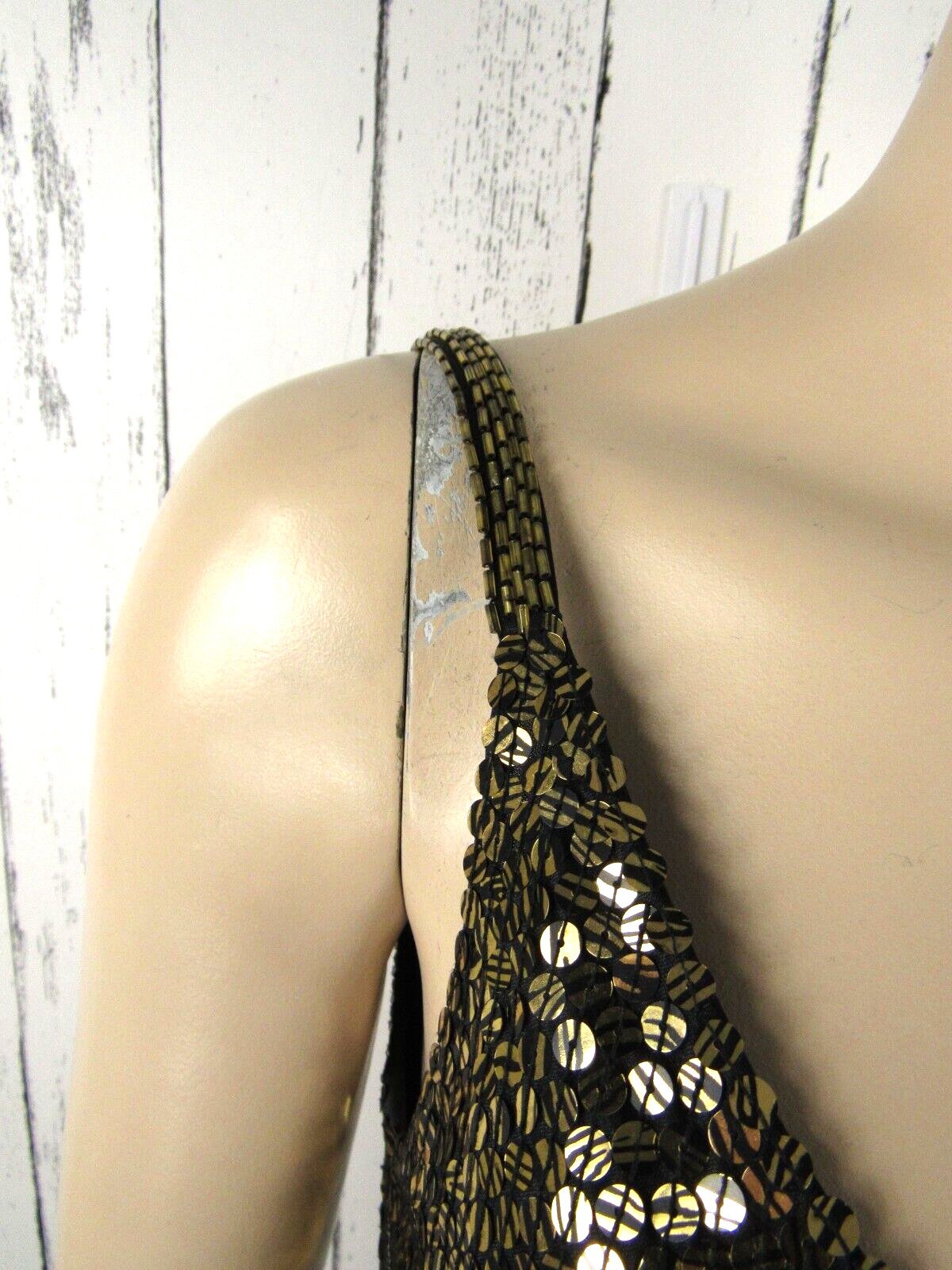 Vintage 80s 90s BLACK TIE Black Gold Sequin Beaded Slip Dress Mini Party Prom M