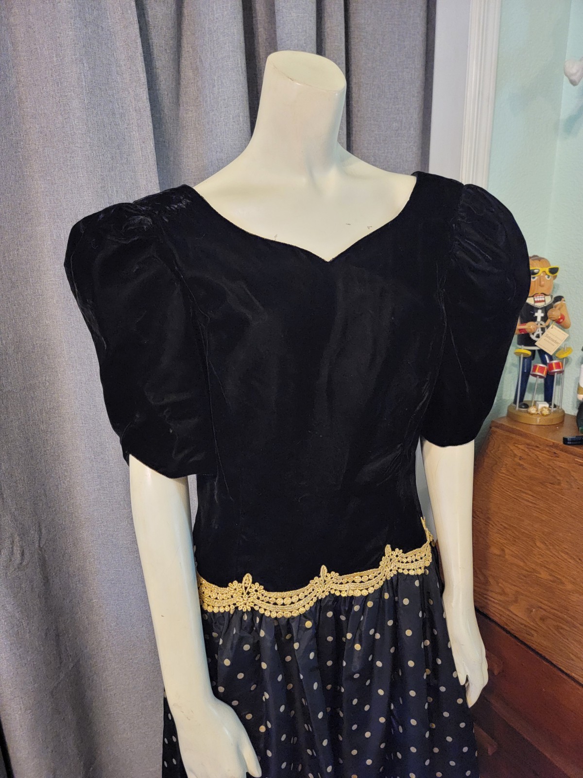 Vtg 80s Fairygoth Expo Night Black Velvet Gold Polka Dot Taffeta Festival Sz 14