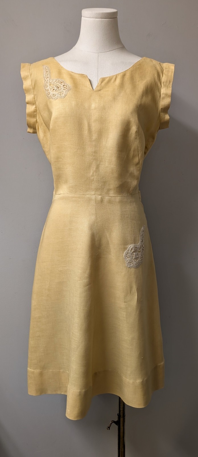 Vintage 40’s Linen Yellow Gold Dress Side Metal Zipper Embroidered Appliques S