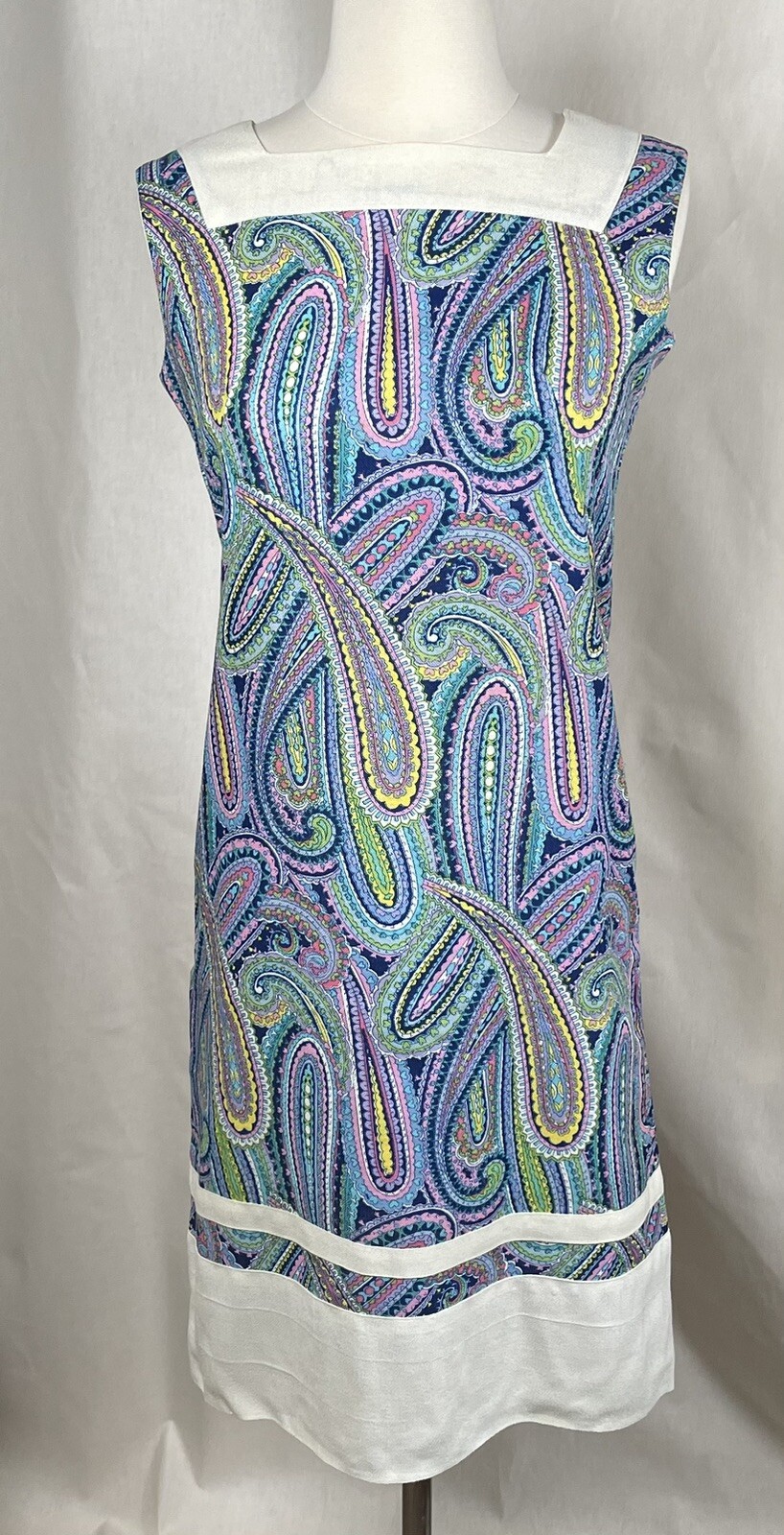 Paisley Shift Dress Vintage 1960s XS Sleeveless Blue Purple Yellow Handmade