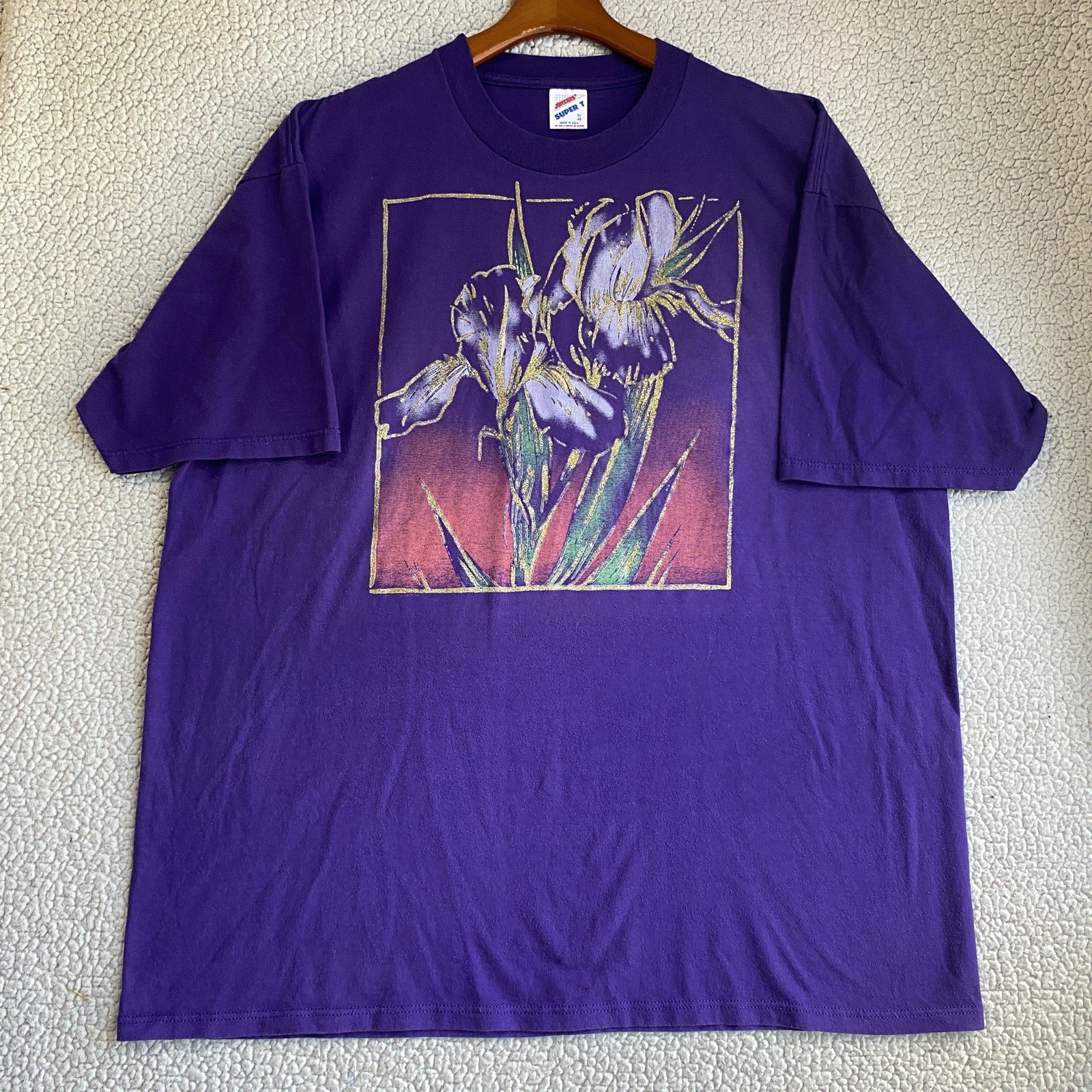 Vintage Jerzees Super T Sz XL T-Shirt Glitter Screen Printed Irises Made In USA