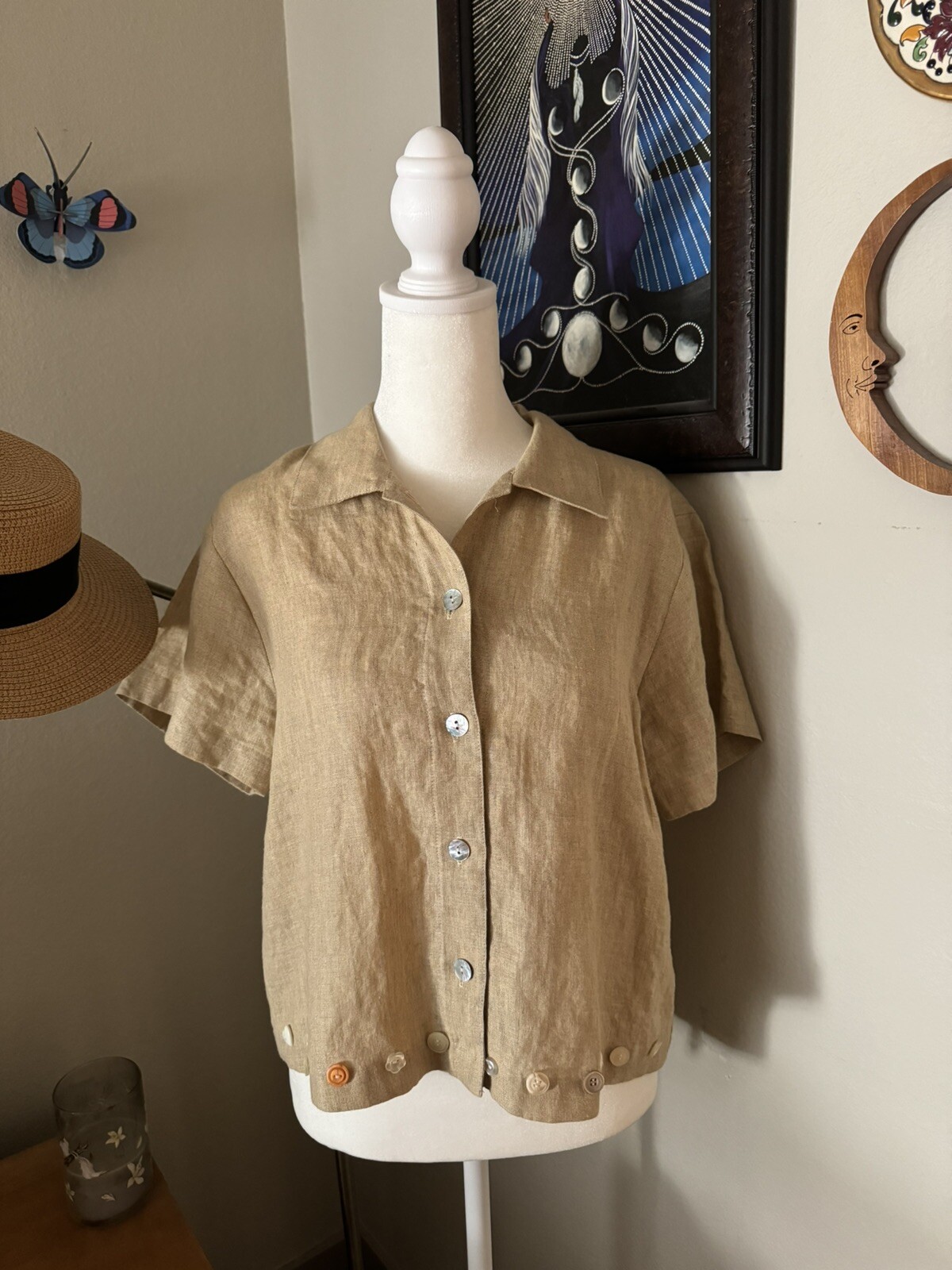 Vintage Women’s Carol Anderson Sz Petite Small short sleeved Tan Linen Blouse