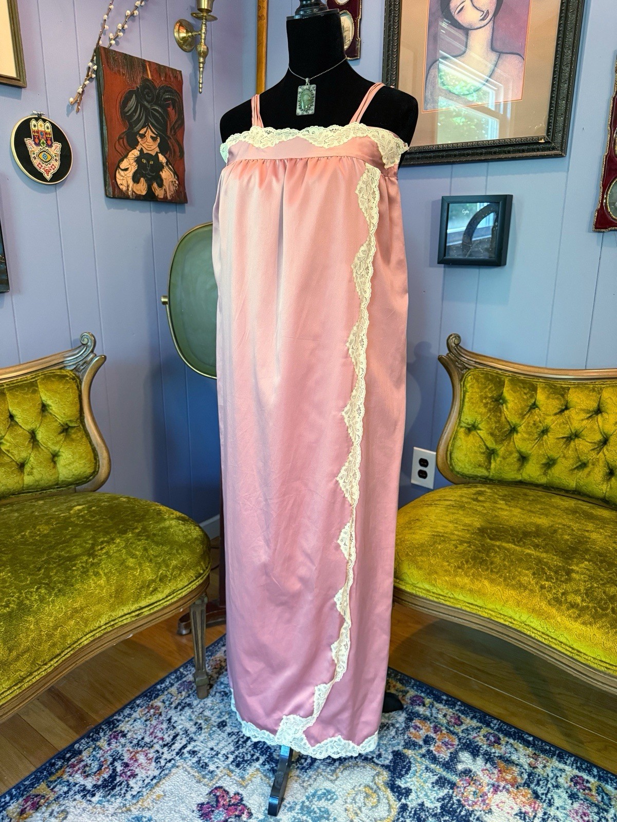 Vintage Corhan Noumair Pink Lace Nightgown Lounge Dress Slip Dress Size Small