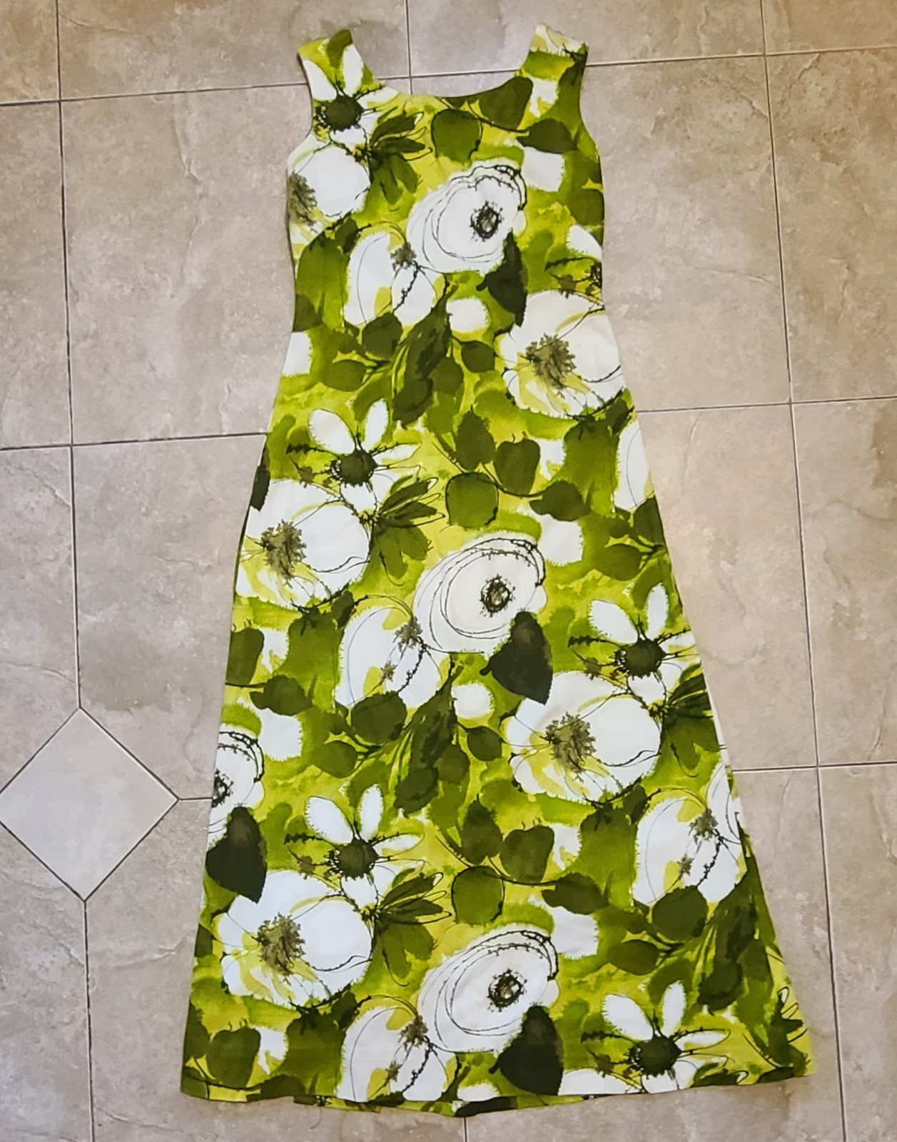 VTG Hawaiian Barkcloth Maxi Dress Green Floral Open Waterfall Back Womens S-M