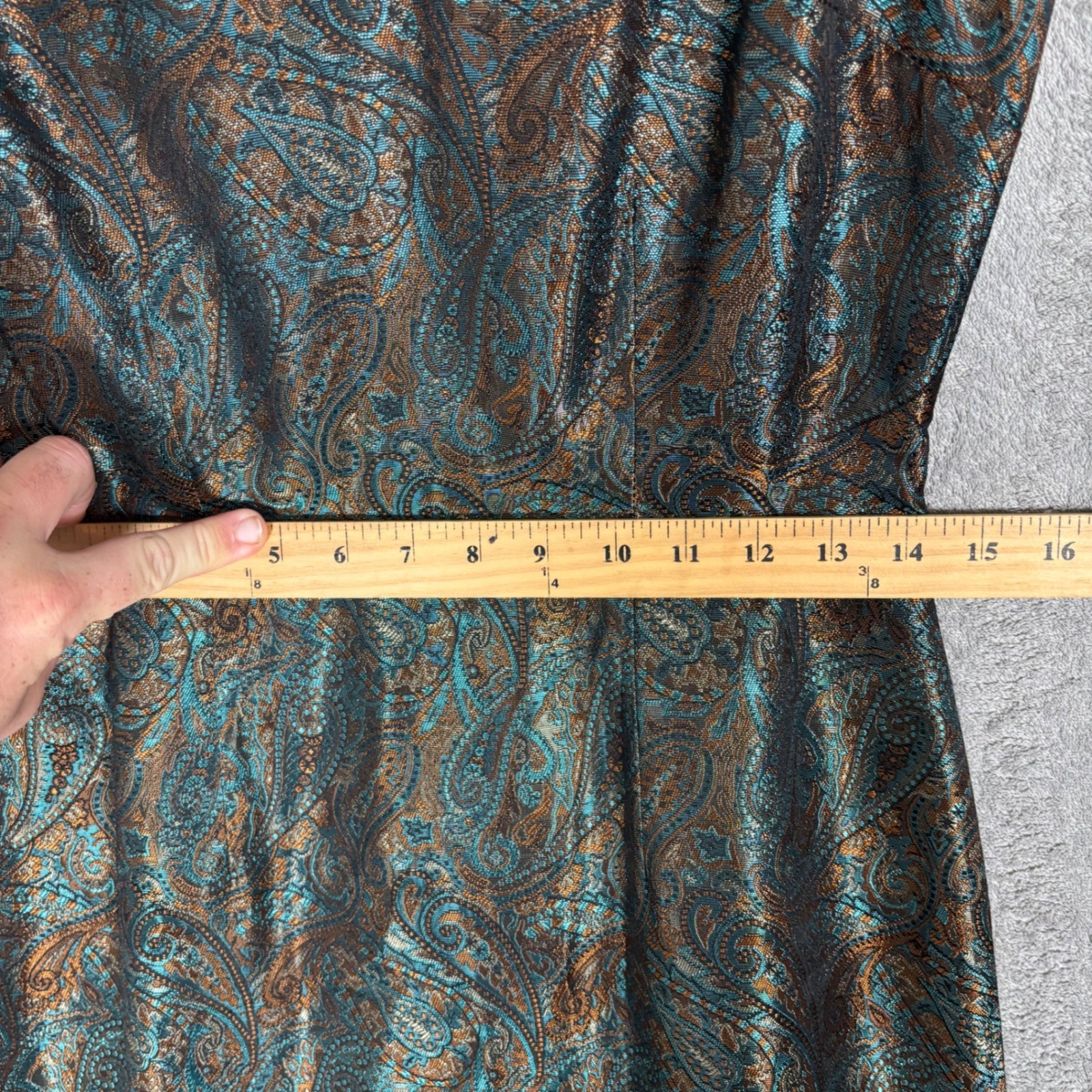 Althuser Vintage 100% Silk Paisley Brocade V-Neck Sheath Dress Teal Copper 4