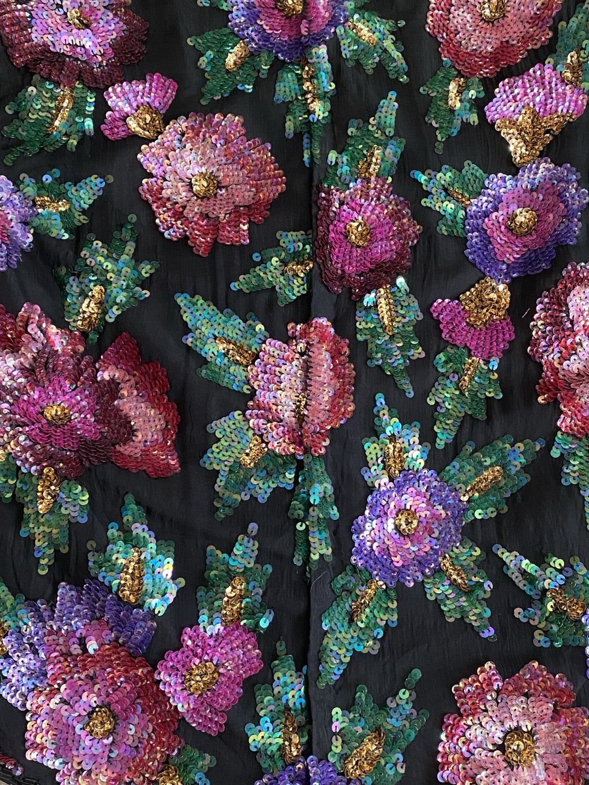 Vintage Laurence Kazar Sequin Silk Blouse Large Black Pink Purple Green Floral