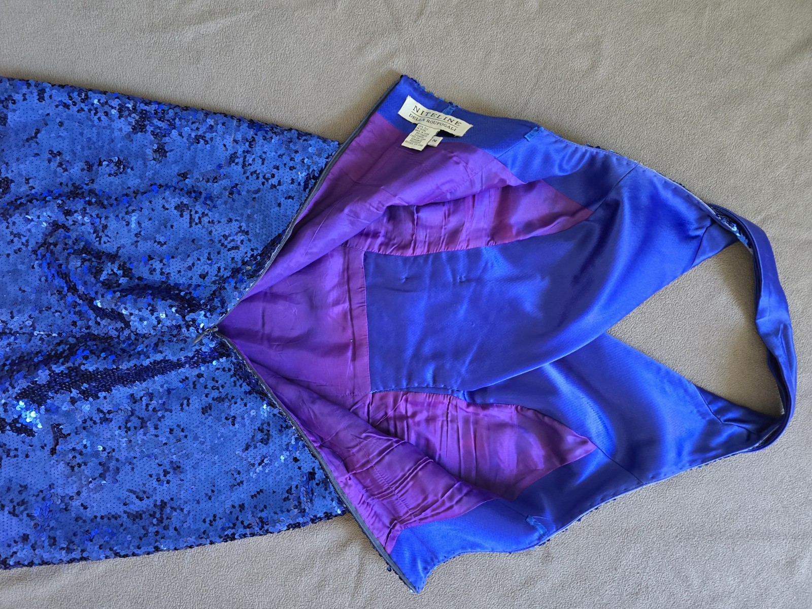 Vintage NITELINE Della Roufogali Royal Blue Sequin Halter Suit Jacket Dress Sz.2