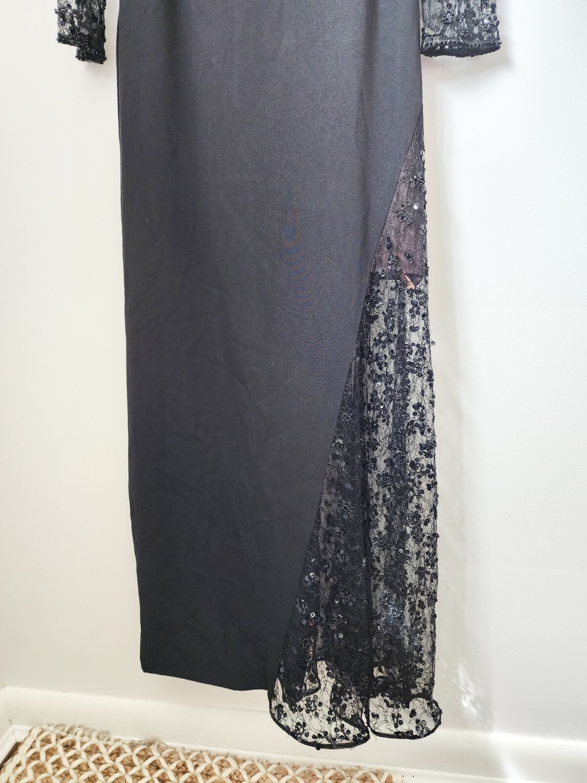 RARE Vintage Saks Fifth Avenue Travilla Ebony Silk Beaded Gown W/ Lace Size 14